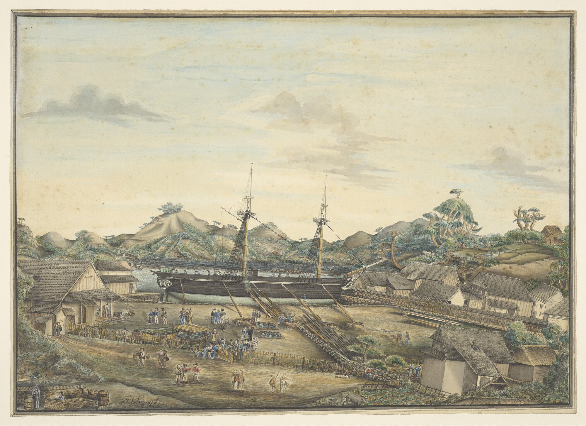 A.1335(04); Het ontakelen van een koopvaardijfregat nabij Deshima; tekening