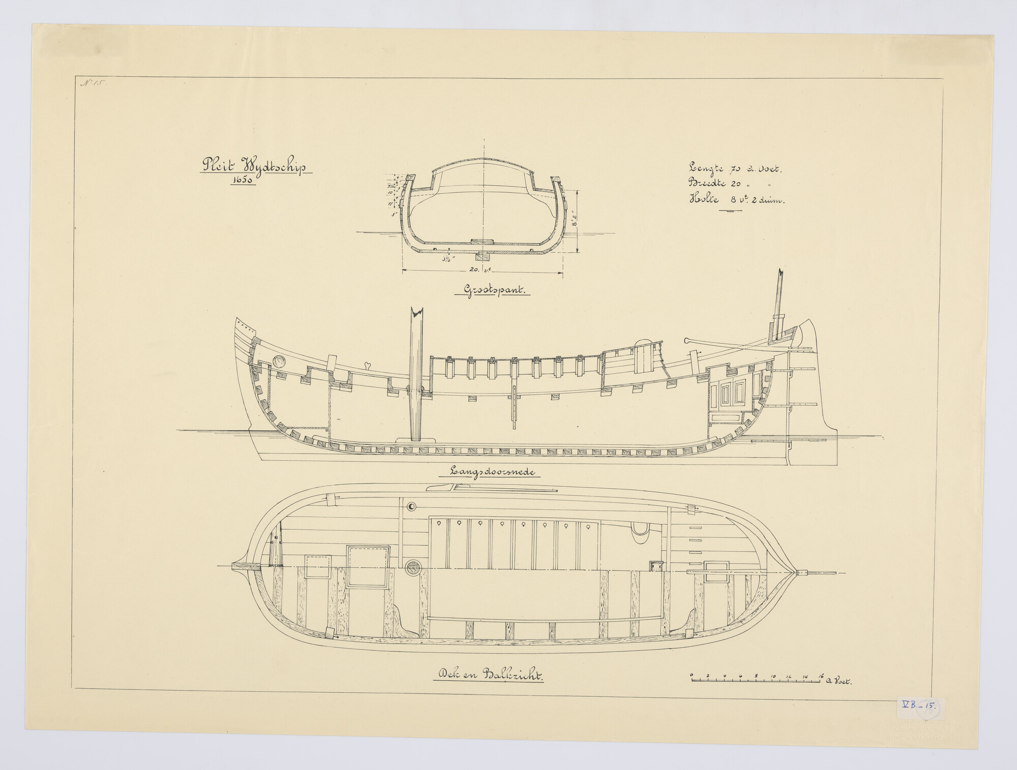 S.1203a(15); Grootspant, verticale langsdoorsnede en bovenaanzicht van een Pleyt-wydschip; technische tekening