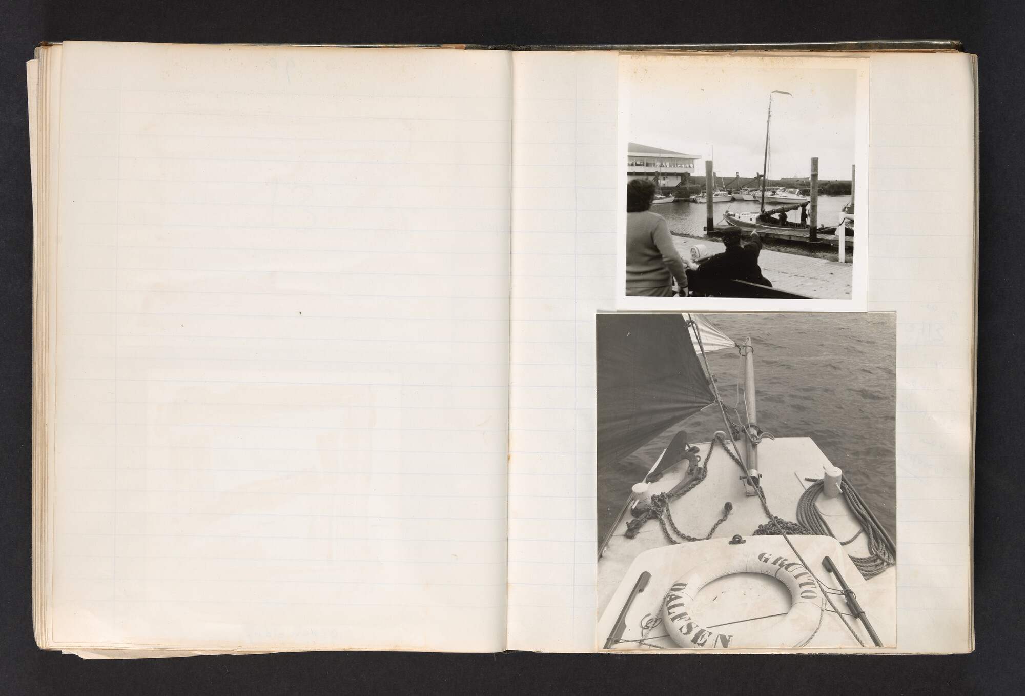 2017.0802; Logboek c.q. fotoalbum van reizen met zeeschouw Grutto (II) in Nederland, Duitsland en Denemarken, 1973-1974; logboek