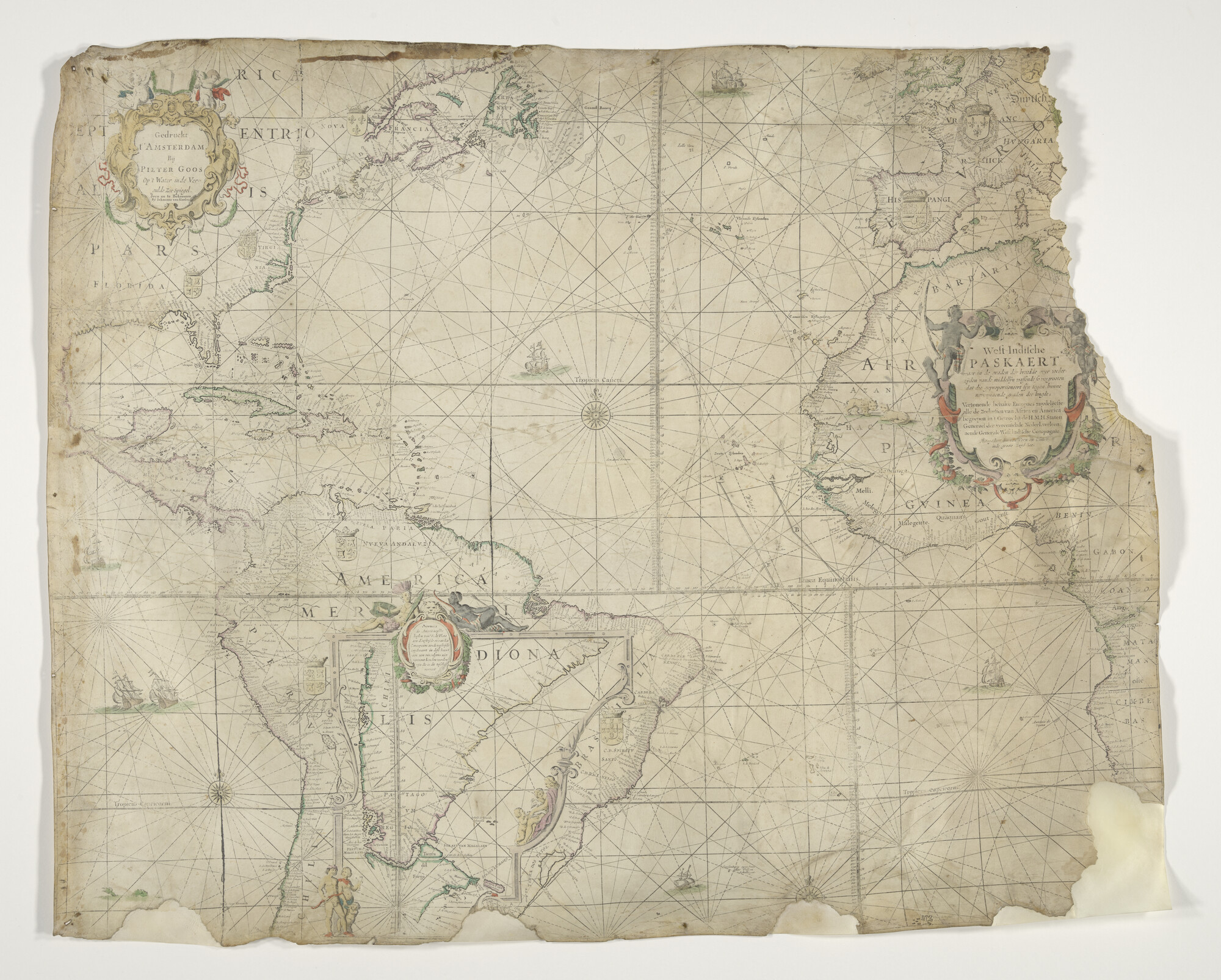 A.3127(02); Met de hand gekleurde, gedrukte Westindische paskaart door Pieter Goos, circa 1726 uitgegeven door Johannes van Keulen te Amsterdam; perkamentkaart