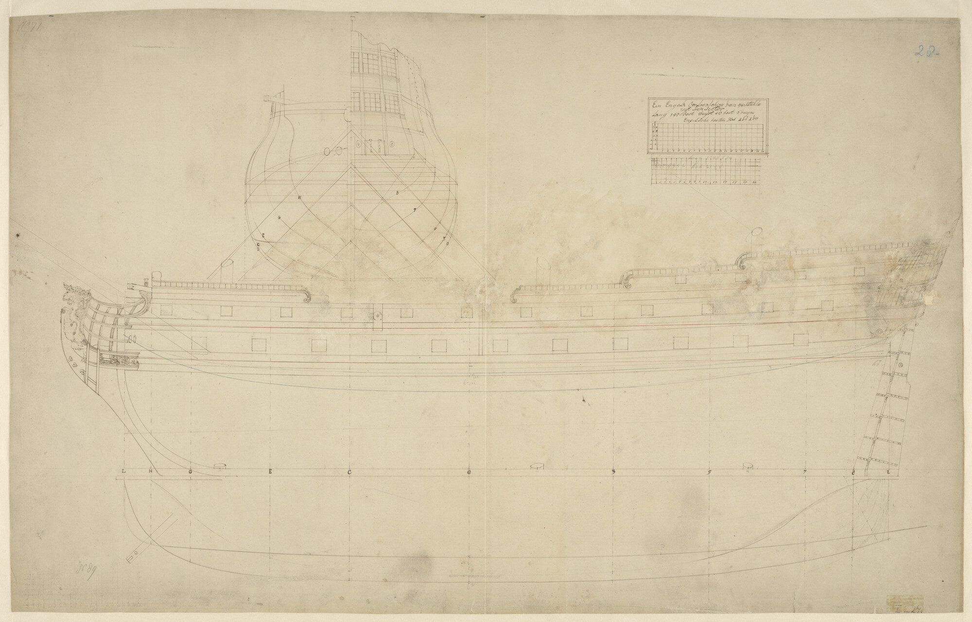 S.0305(01); Spantenraam, vooraanzicht, achteraanzicht, zijaanzicht en waterlijnen van een Engels oorlogsschip van 54 stukken; technische tekening