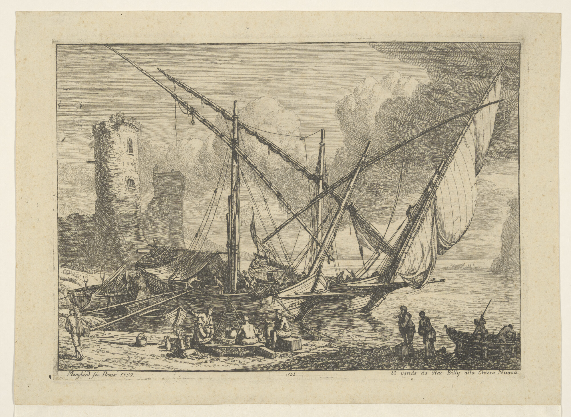 A.1116; Kustgezicht aan de Middellandse Zee, met twee chebeques en links een vesting; prent