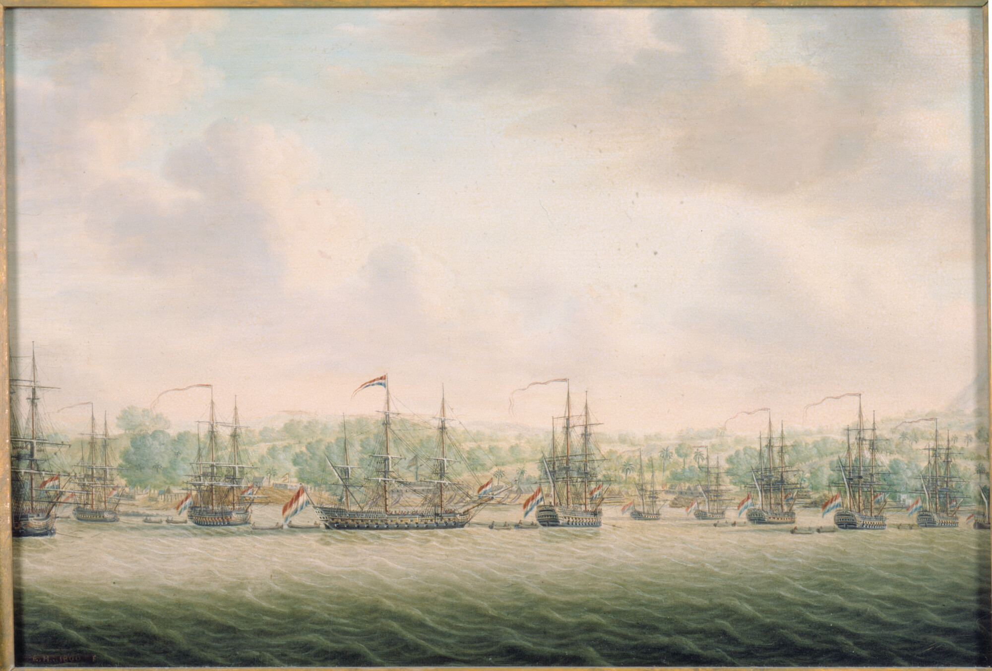 A.1245(01); 's Lands eskader onder commando van kapitein J.P. van Braam voor anker liggend voor de kust van Malakka; schilderij