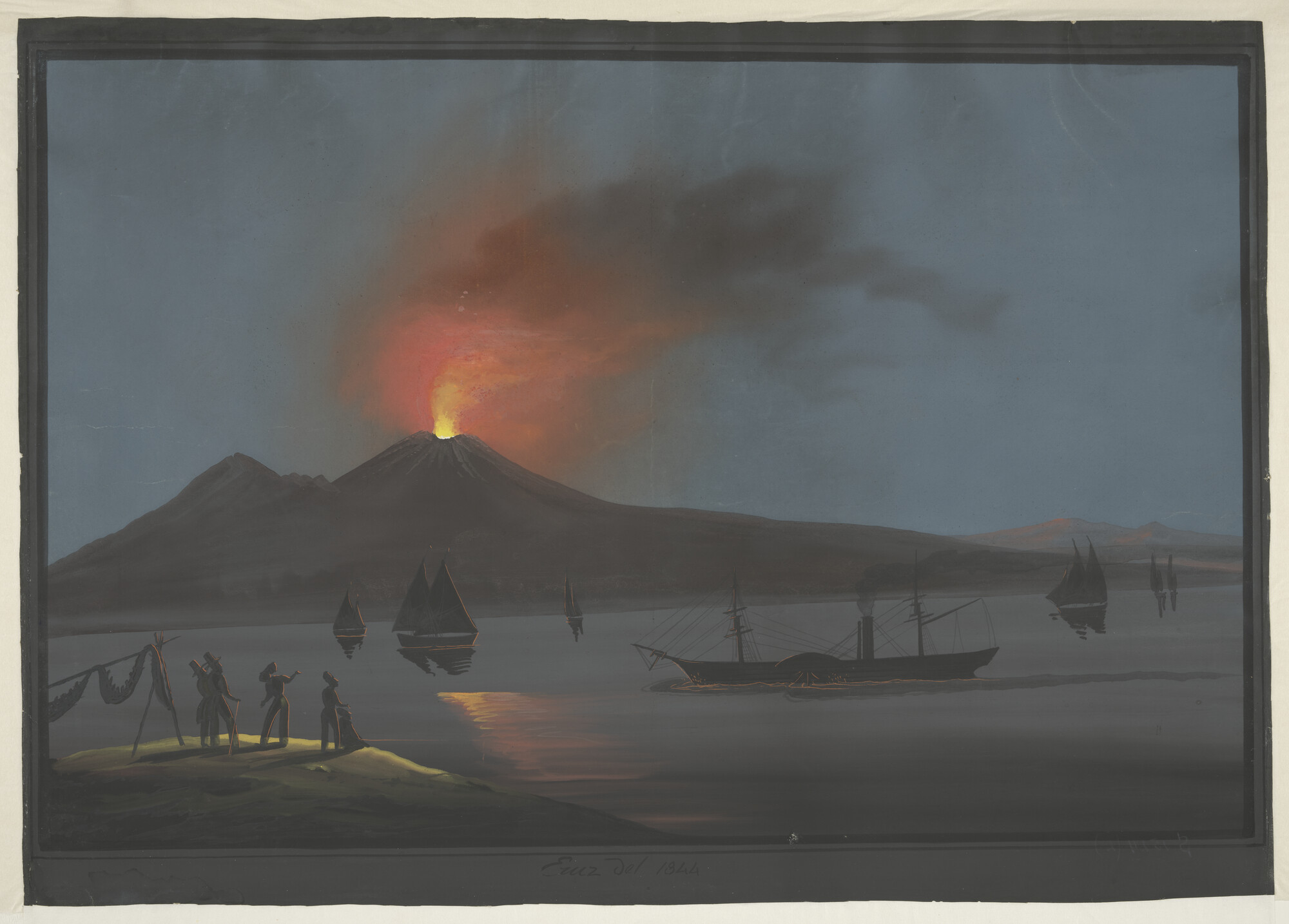 S.1524(02); Nachtelijke uitbarsting van de Vesuvius bij Napels; tekening
