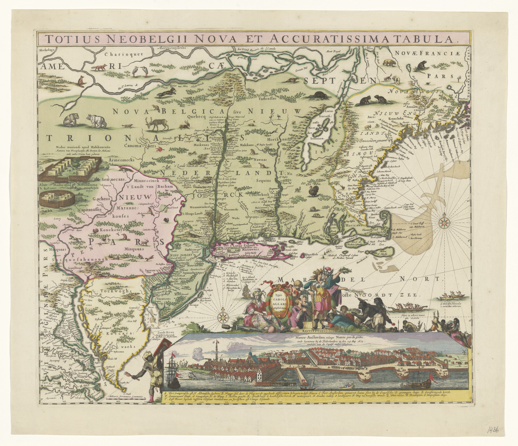 A.2244(02); Met de hand gekleurde kaart van Nieuw Nederland, Nieuw Engeland en een deel van Virginia, naar Visscher; landkaart