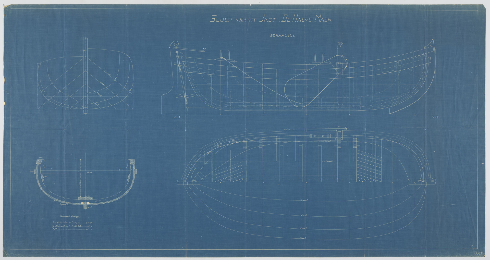 S.2112(05b)02; Lijnenplan van de sloep van de replica van het jacht 'Halve Maen'; technische tekening