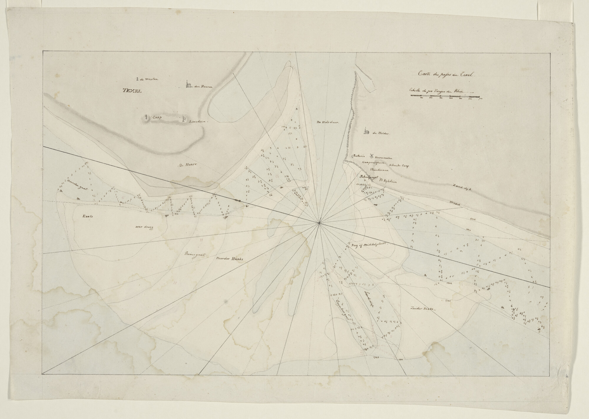 2023.0007; Zeekaart in handschrift van de ingang van het Zeegat van Texel, met het Marsdiep tussen Texel en Den Helder, met de Haaksgronden; kaart