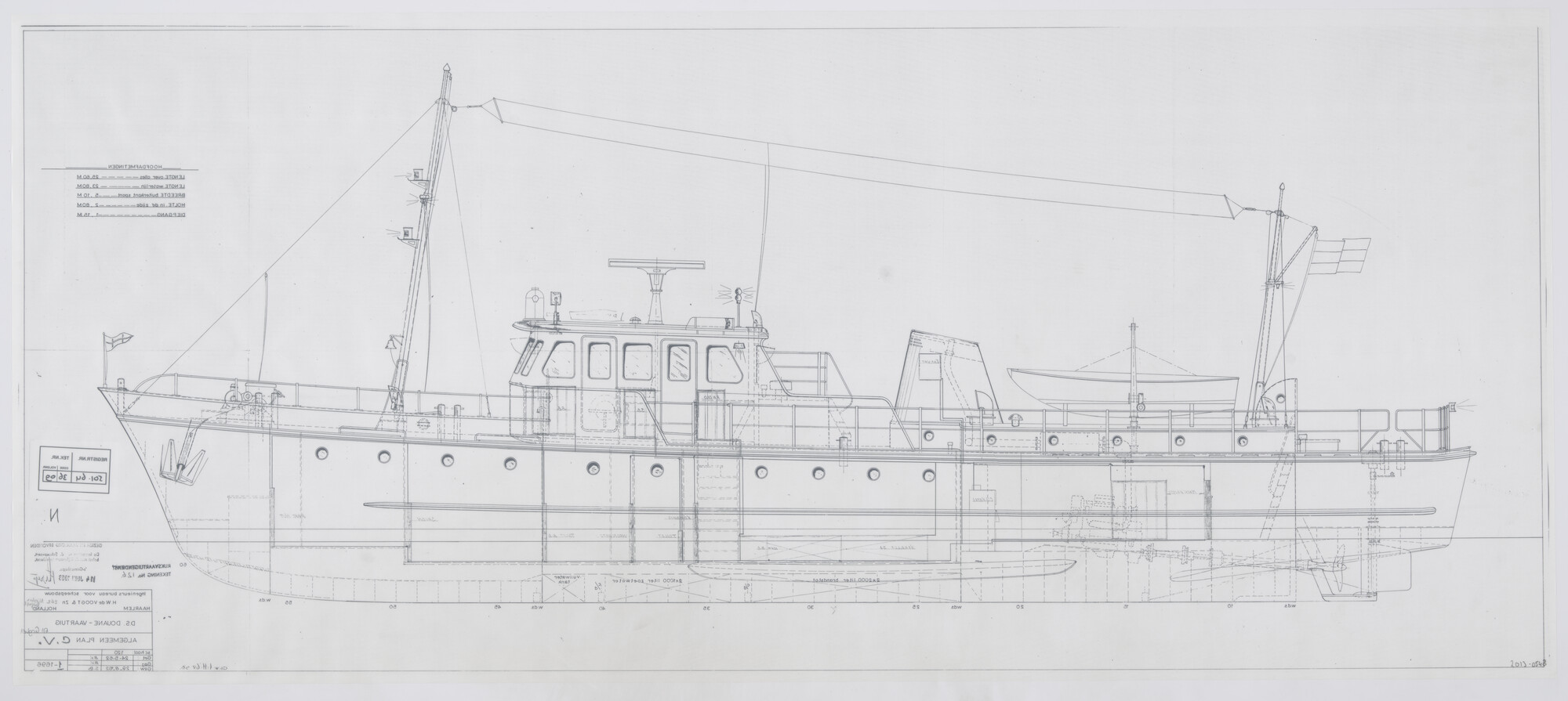 2013.0548; Algemeen plan van het douane-patrouilleschip Alexander Gogel van 25.60 meter; technische tekening
