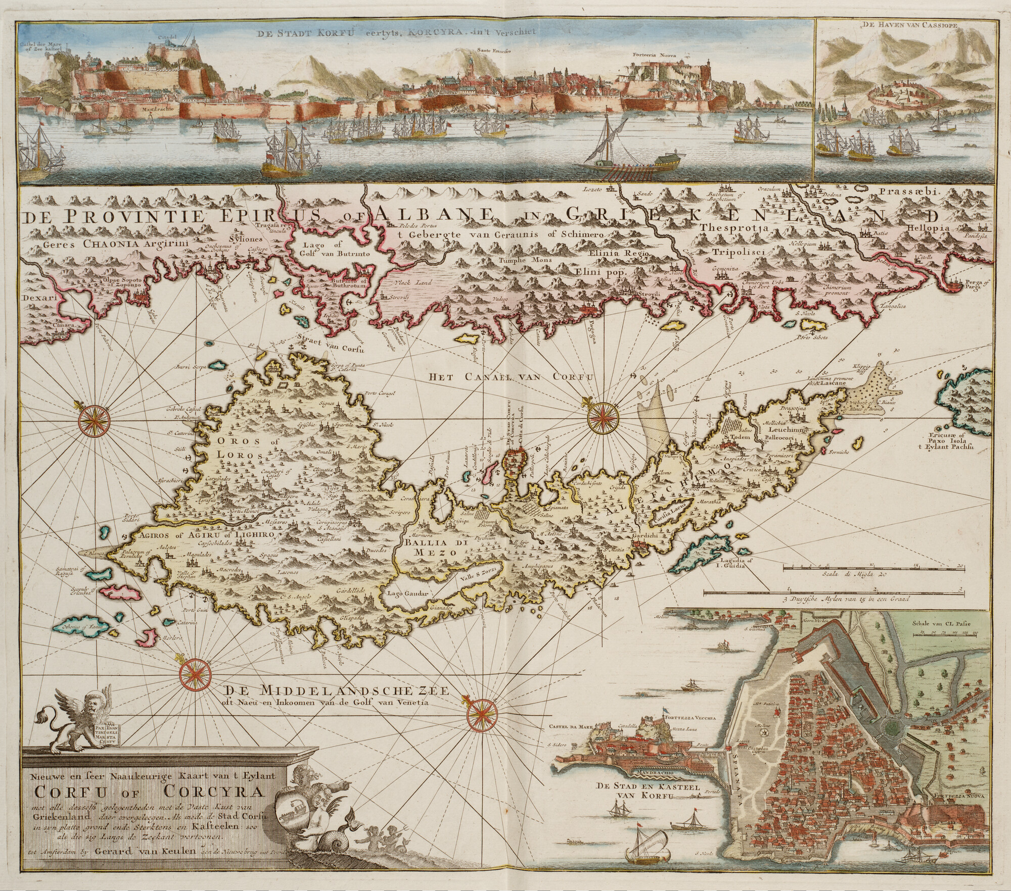B.0032(109)2 [kaart 135]; Kaart van eiland Corfu, met inzetkaart van het kasteel en de stad Corfu en; prent