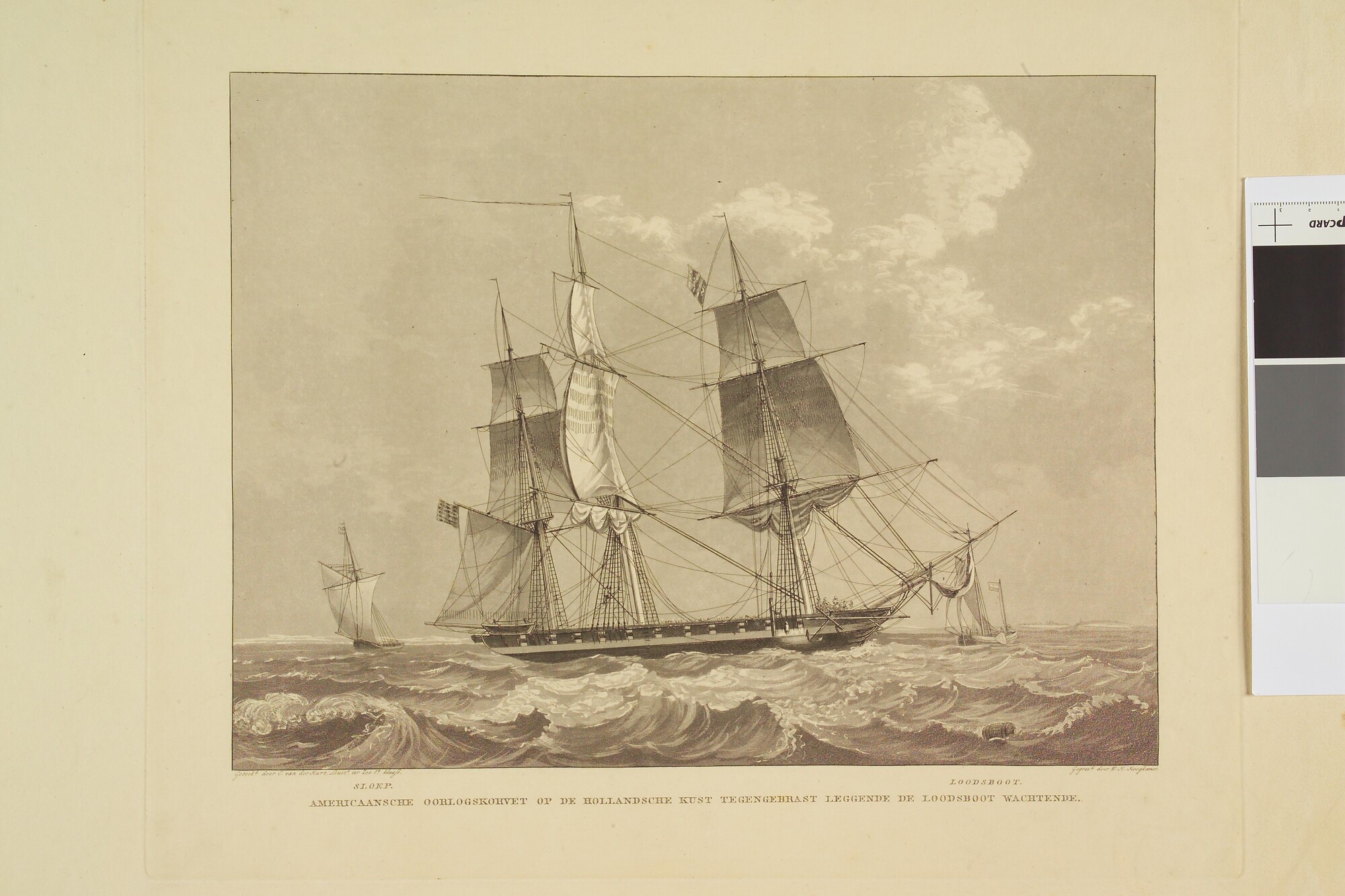 A.0149(0701); Een Amerikaans oorlogskorvet voor de Nederlandse kust; prent