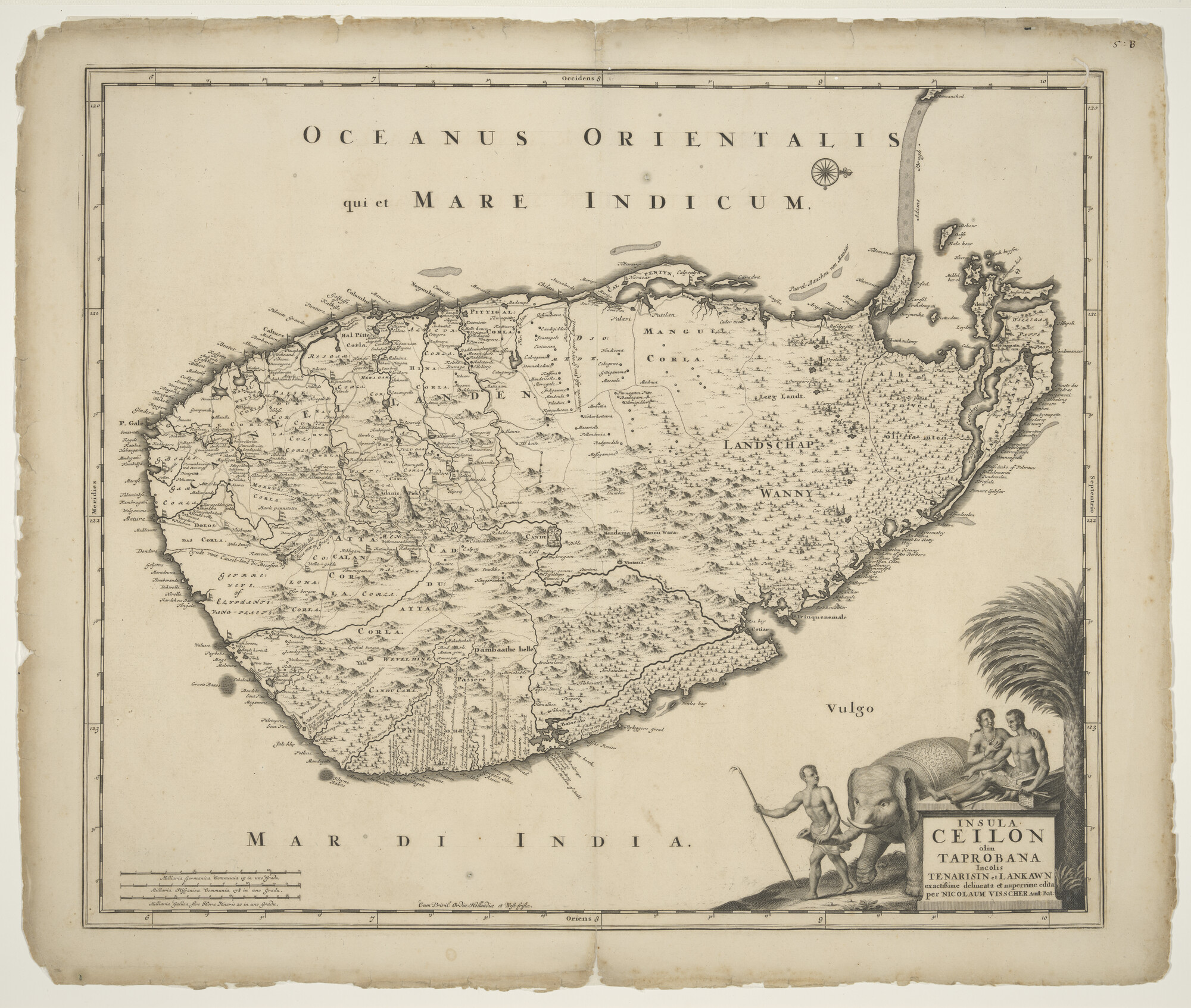 A.3845(01)057; Kaart van Ceylon, door Nicolaas Jansz Visscher (1649 - 1702), Amsterdam, circa 1698; landkaart