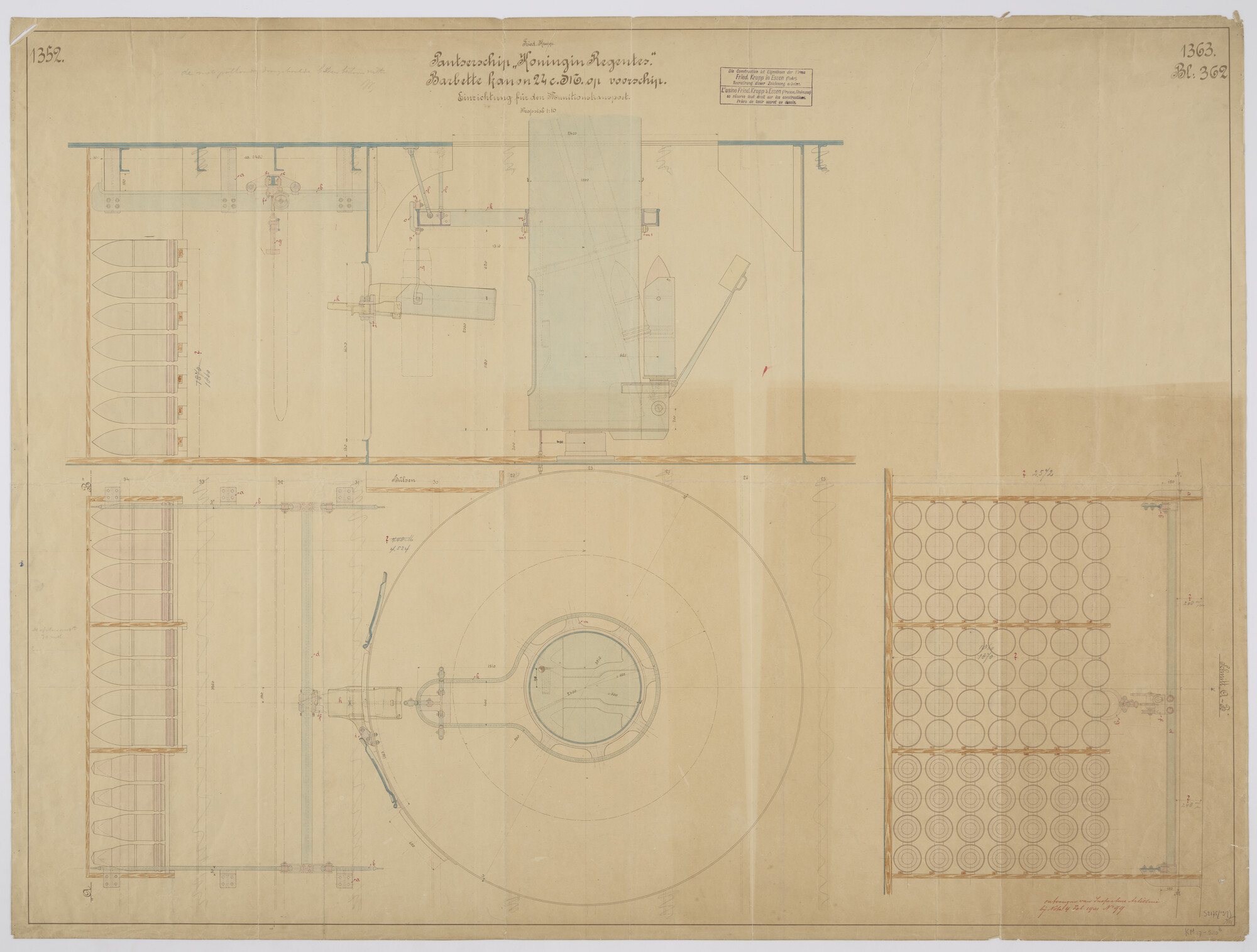 S.2175(1917); Inrichting van de munitiebergplaats en transportlift vooruit voor patronen van het kanon 24 cm van het pantserschip Hr.Ms. 'Koningin Regentes'; technische tekening