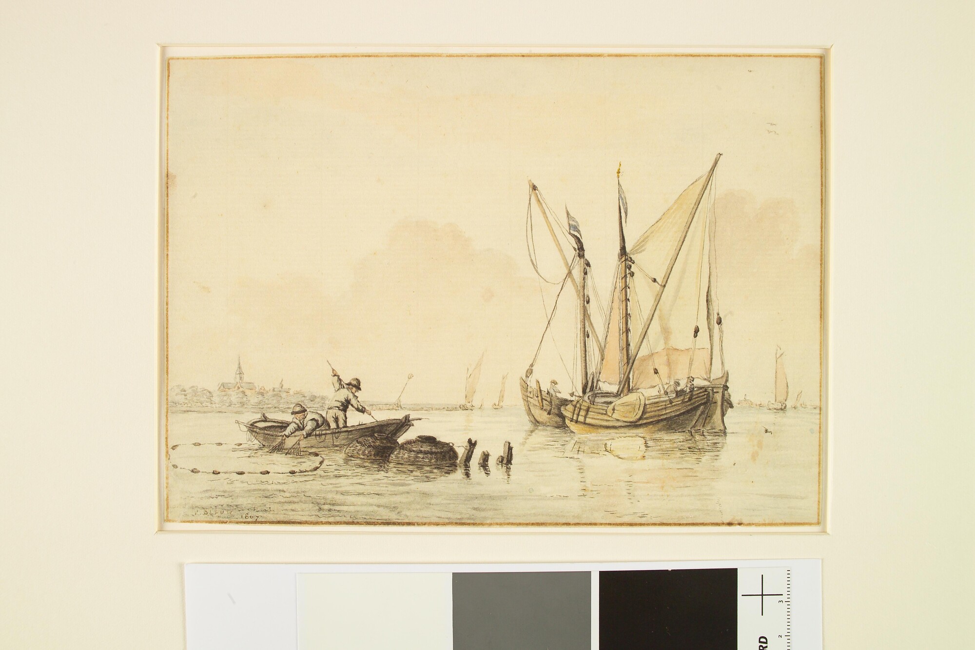 A.2864(01); Twee binnenschepen en een roeiboot op de Haarlemmermeer; tekening