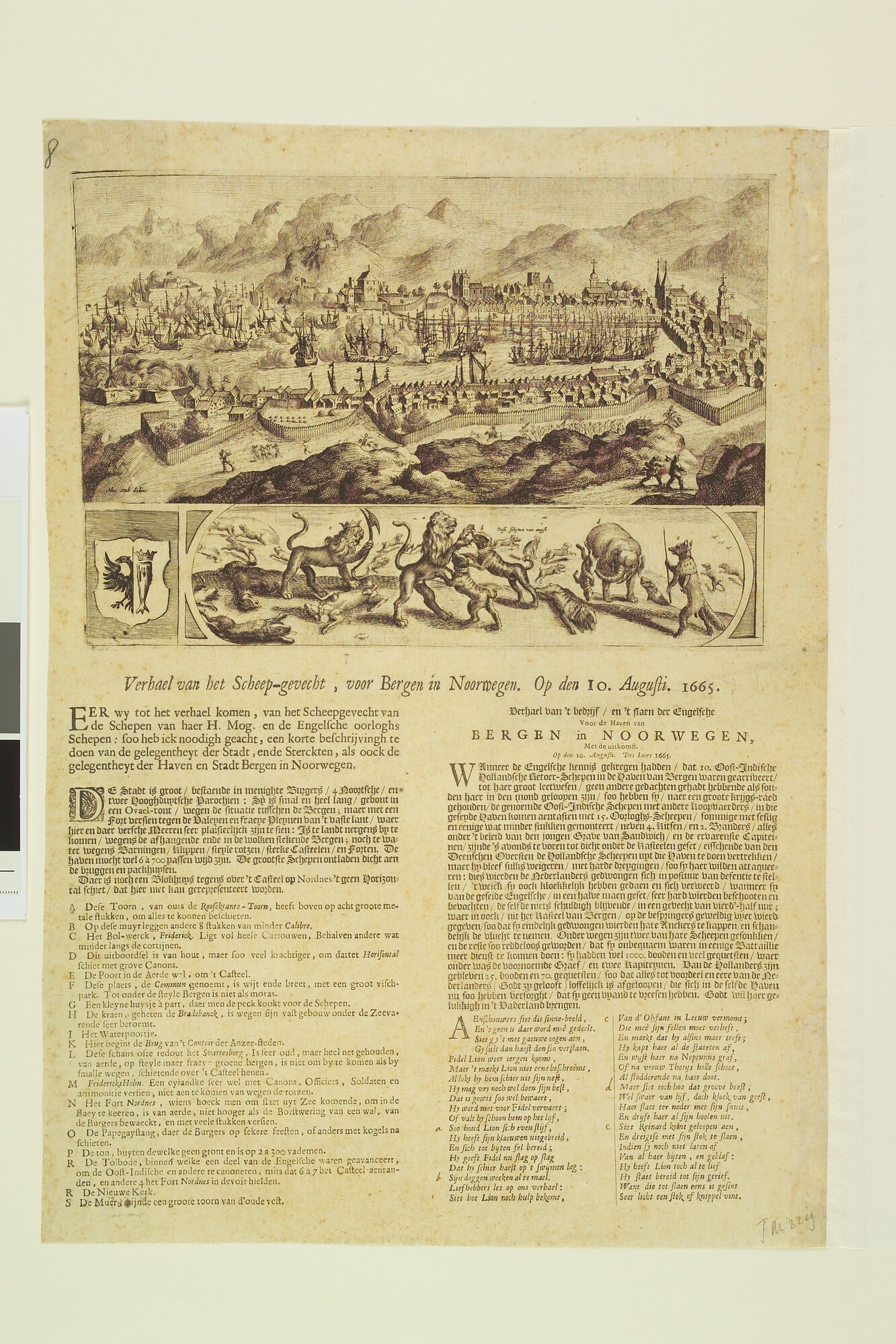 S.0847(03); Het gevecht voor Bergen in Noorwegen, 10 augustus 1665; prent