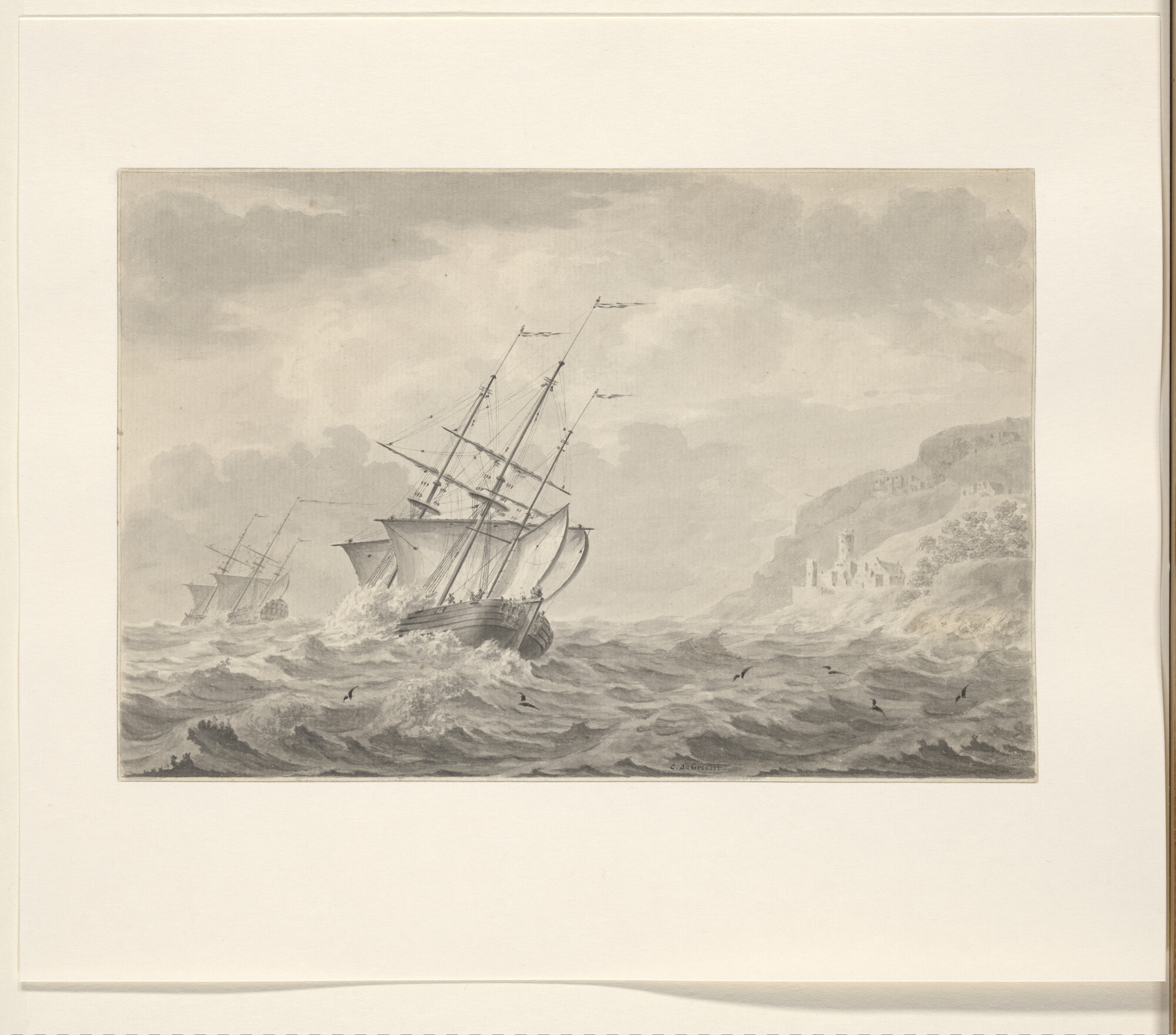 A.5354(01); Een driemasthoekerschip en een fregatschip voor een buitenlandse kust; tekening