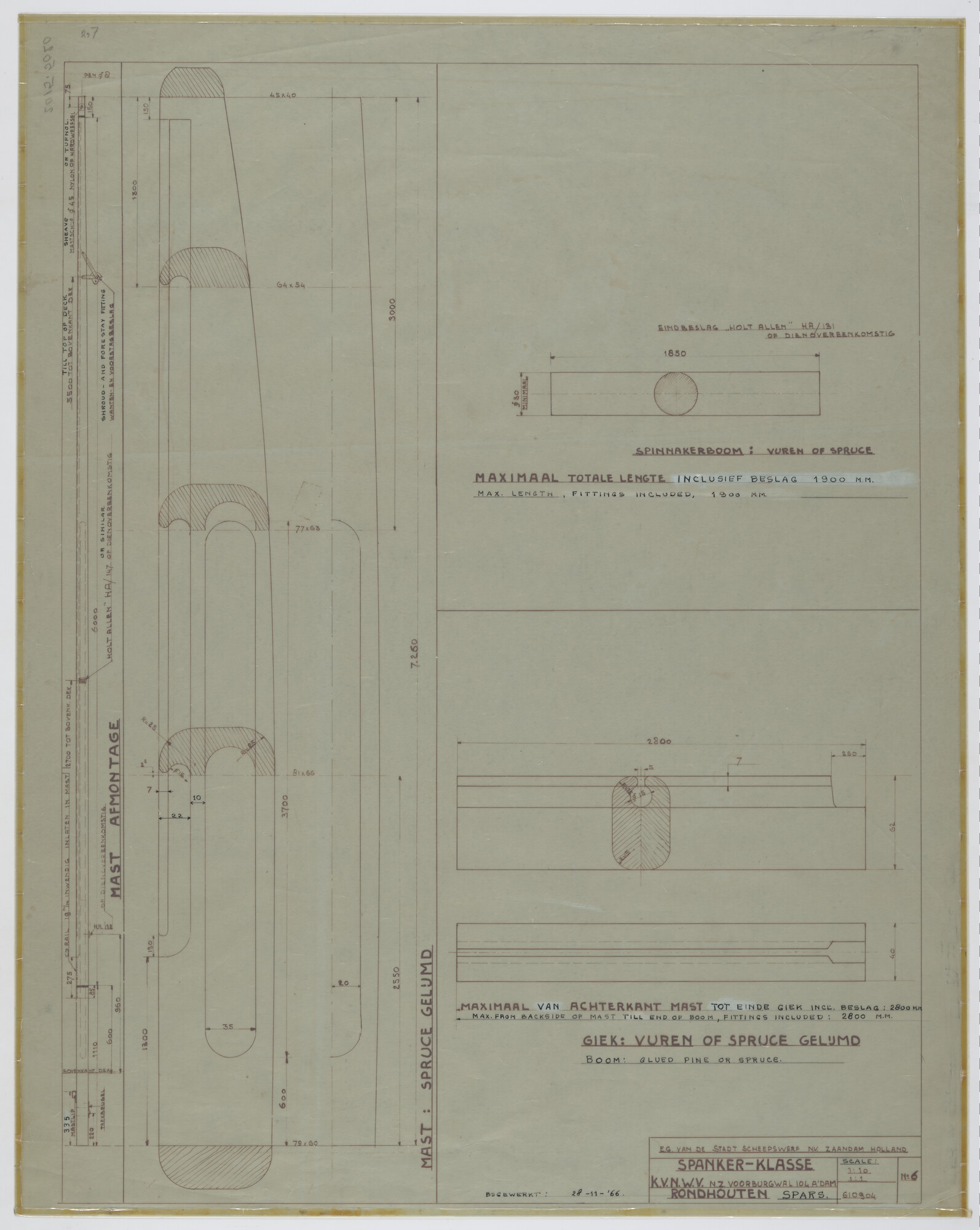 2015.5020; Rondhouten van de open houten knikspant zeilboot met midzwaard Van de Stadt Spanker; technische tekening