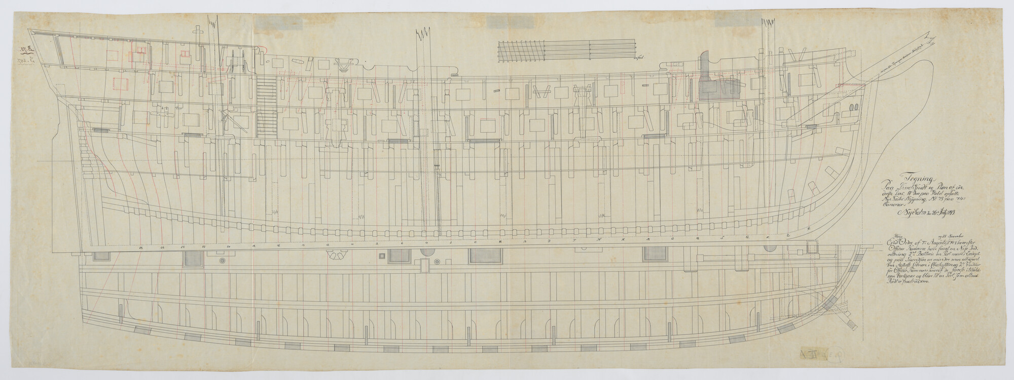 S.0247(10); Cosntructietekening van een Deens oorlogsschip van 74 stukken; technische tekening