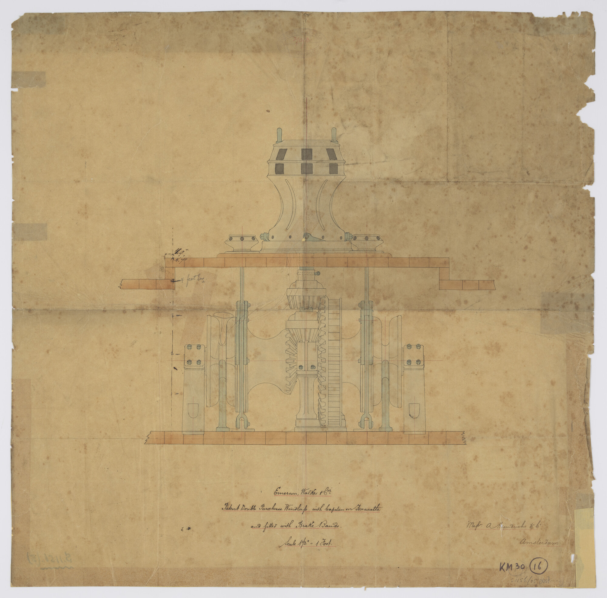 S.1156(05)0007; Stoomankermachine met kaapstander; 'Emerson, Walker & Co.' patent; technische tekening