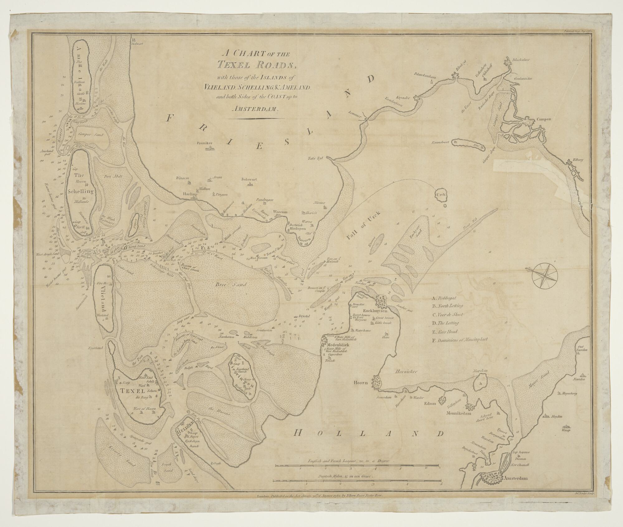 A.5238(01); Kaart van Texel, Vlieland, Terschelling en Ameland, alsmede de oost- en westkust van Holland; zeekaart