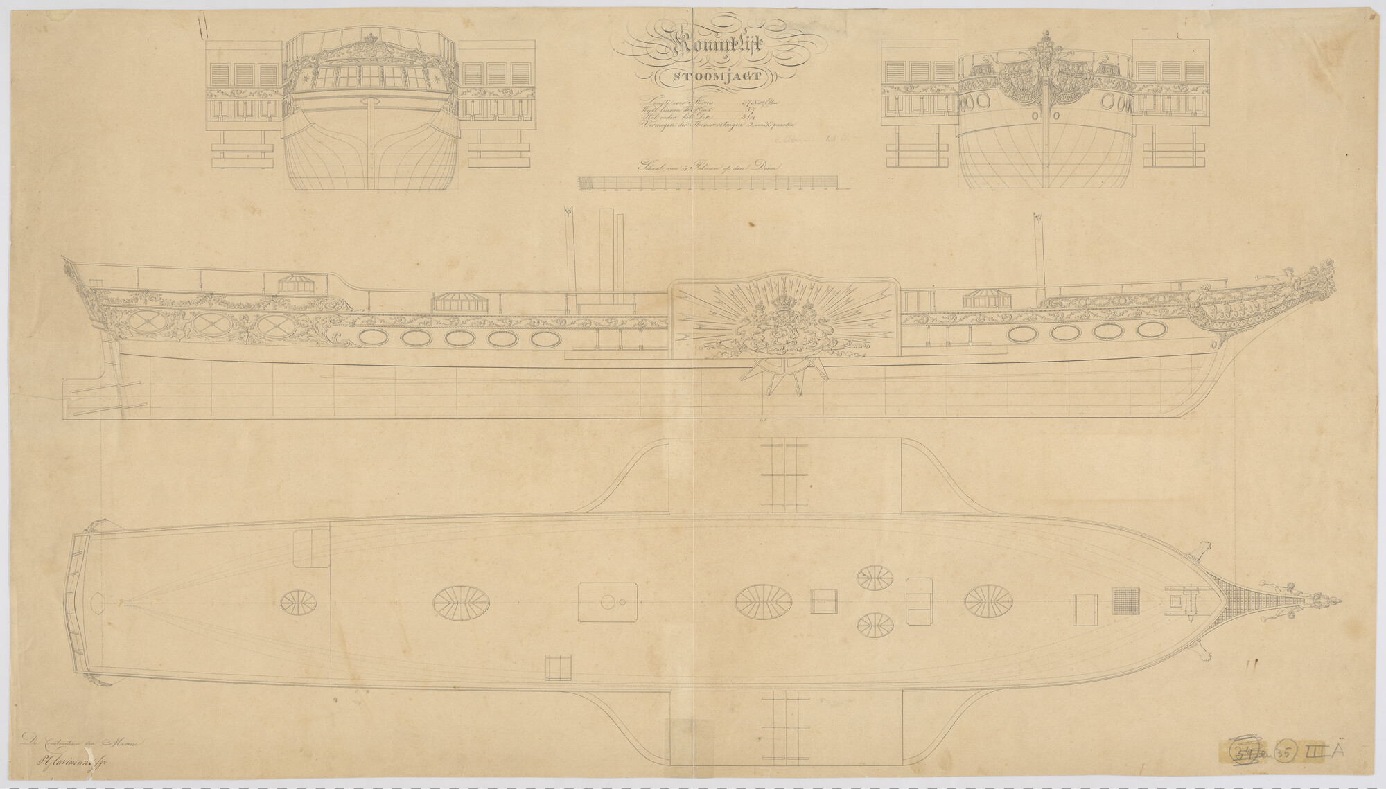 S.0600(01)066; Lijnenplan van het koninklijk raderstoomjacht 'De Leeuw' 1826; technische tekening