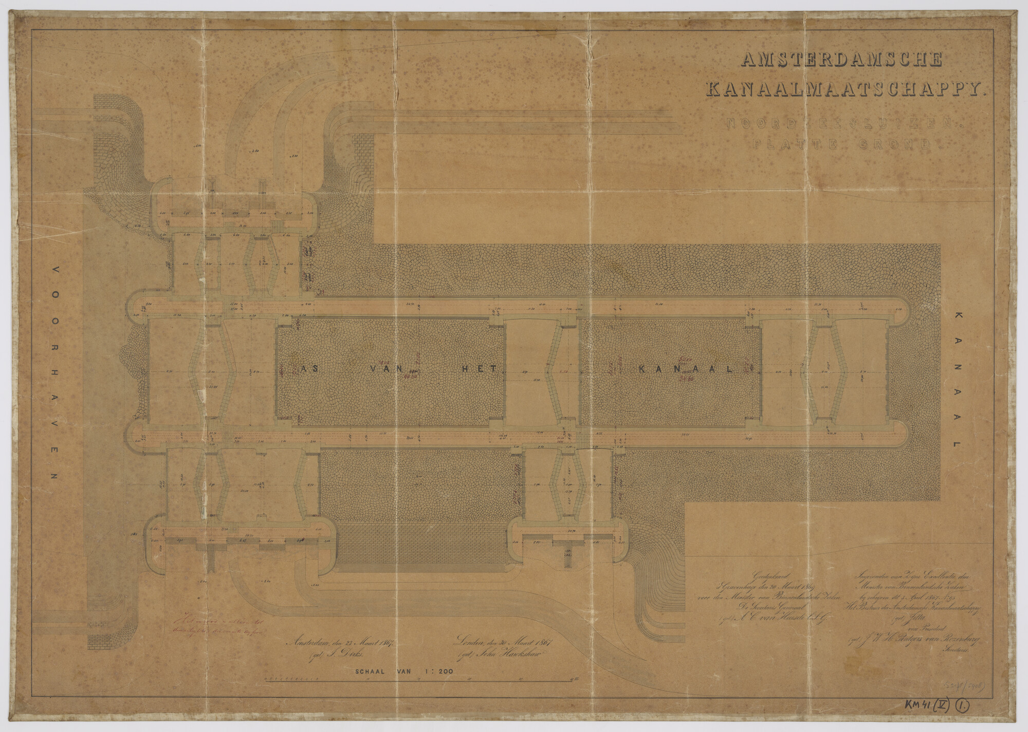 S.2175(5408); Plattegrond van de Noordzeesluizen te IJmuiden (1867); technische tekening