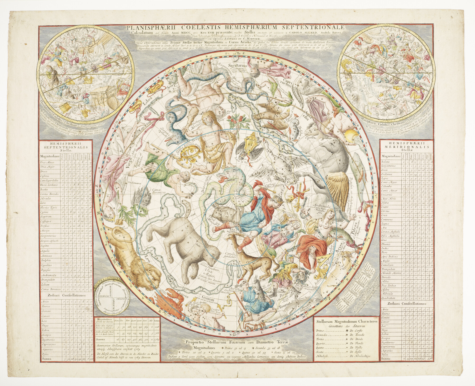 A.0007(46) [nr 0002]; Met de hand gekleurde sterrenkaart, door Carolus Allard (1648 - 1709), uitgegeven door Covens & Mortier, Amsterdam, circa 1759; sterrenkaart