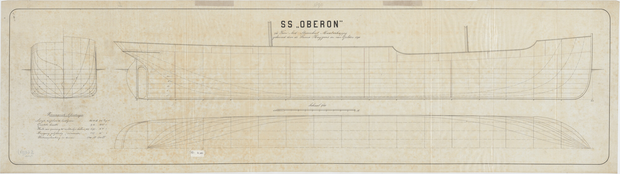 S.0687(02)199; Lijnenplan van verticalen, schroefstoomschip 'Oberon'; technische tekening