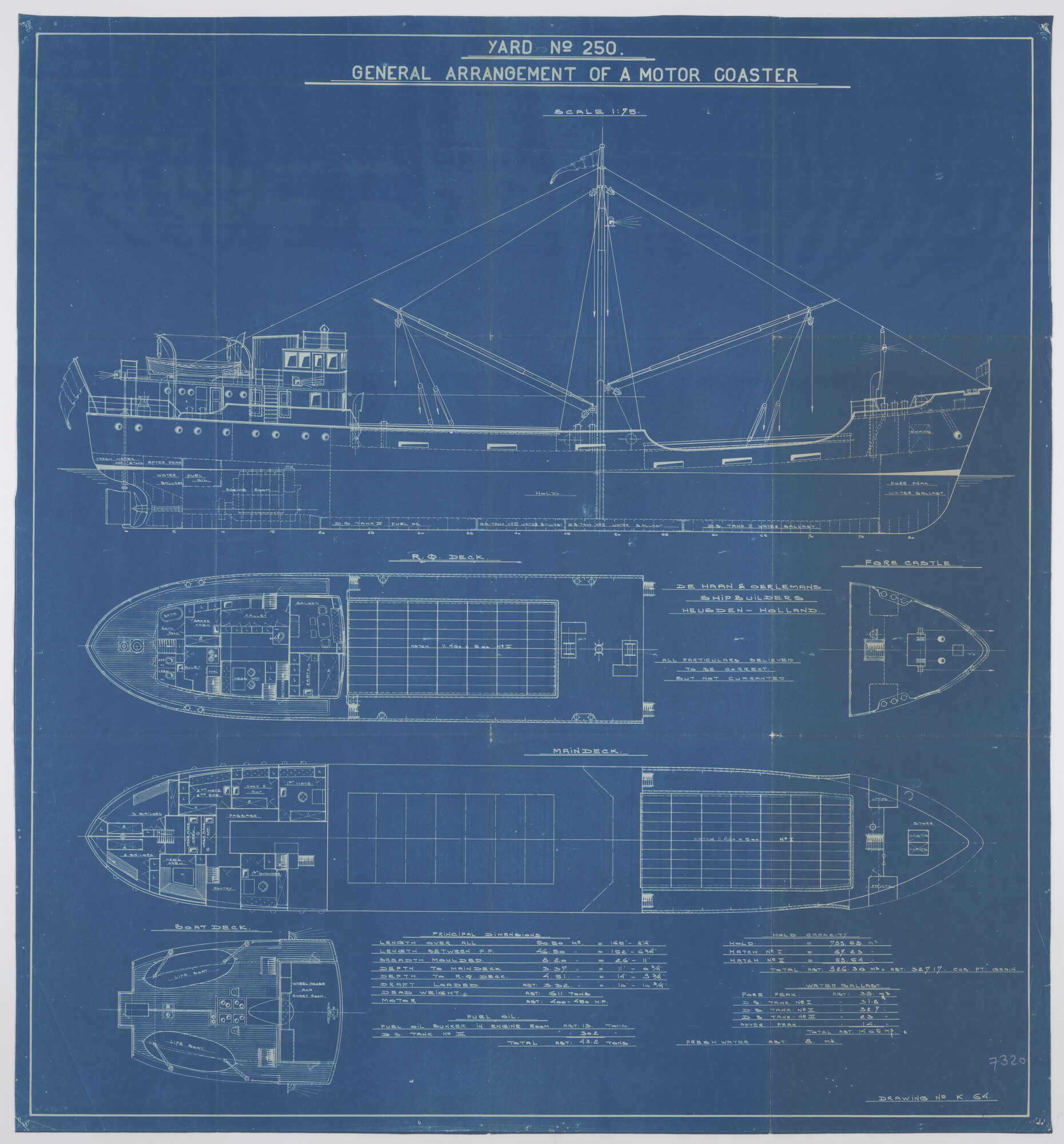 1995.7320; Algemeen plan (1:75) van de coaster ms. Elisa van Dammers & en Van der Heide [...]; technische tekening