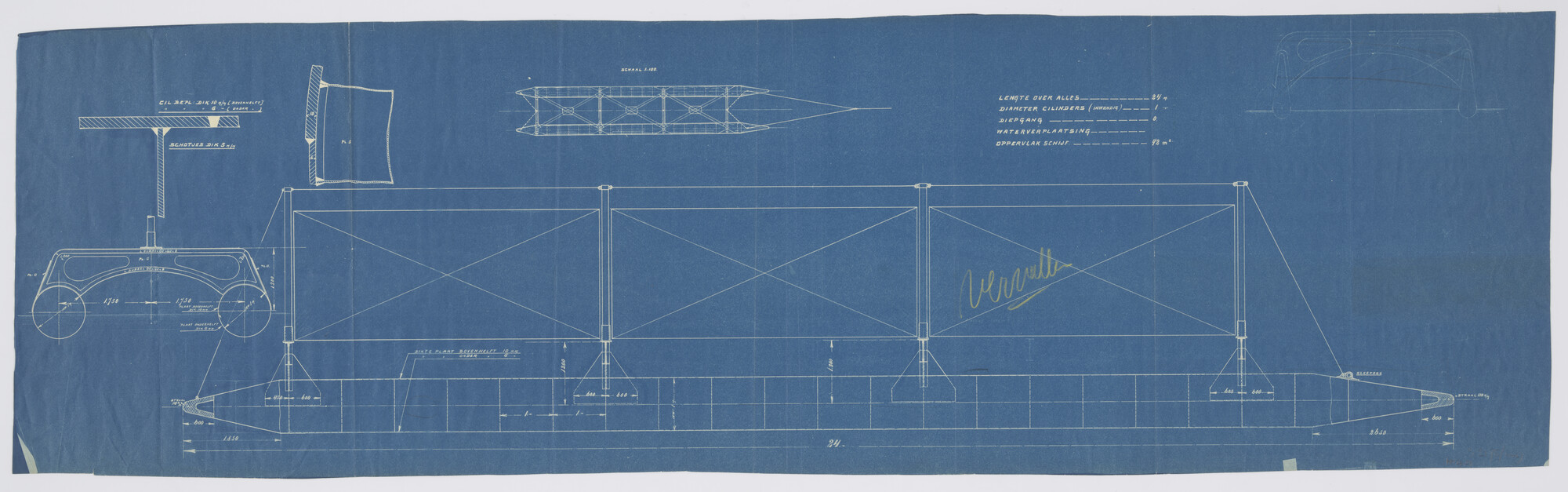 S.2175(4442); Schietschijf op catamaran van 24 meter lengte (niet uitgevoerd ontwerp); technische tekening
