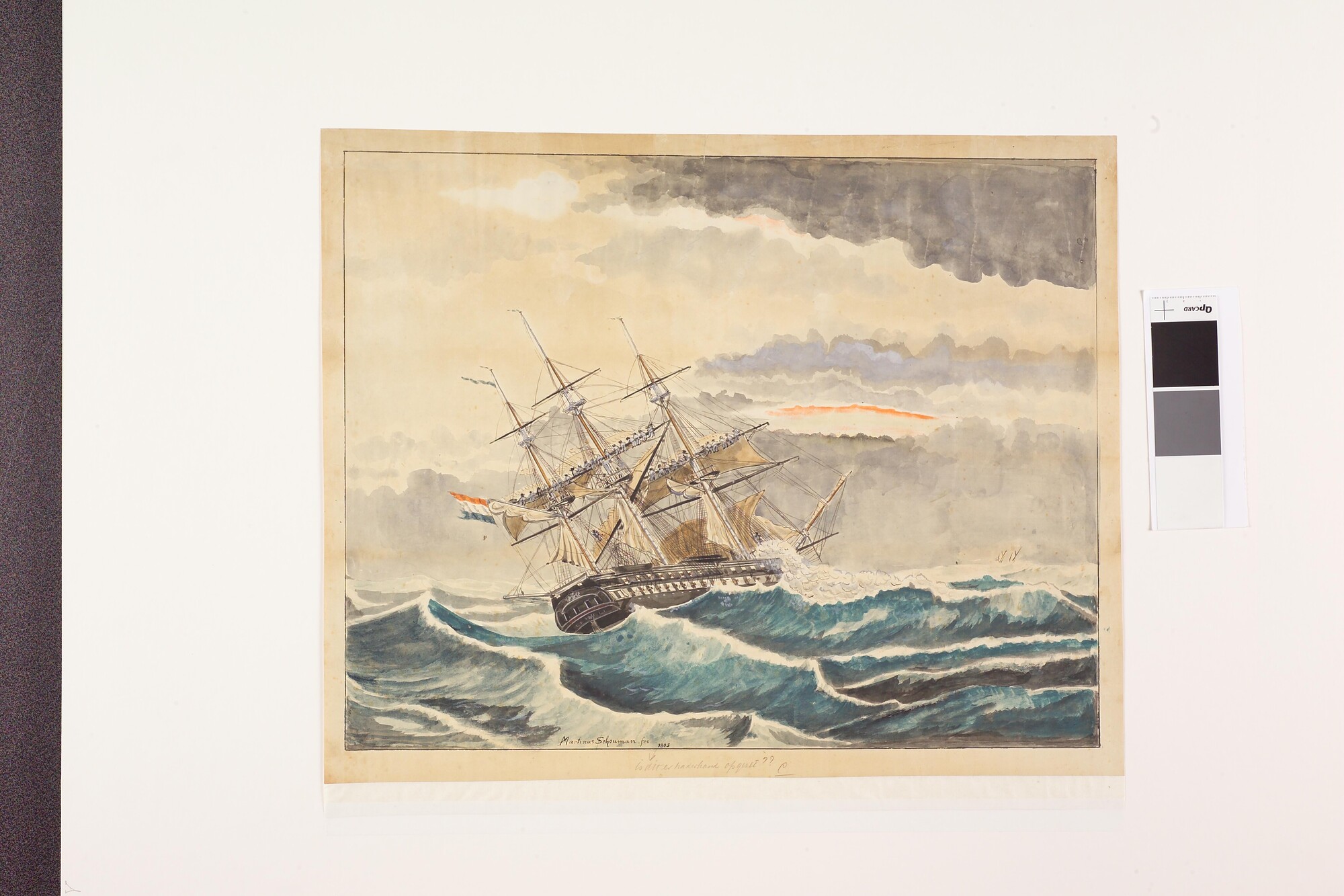 A.0720(6); Een oorlogsschip zijn marszeilen innemend; tekening