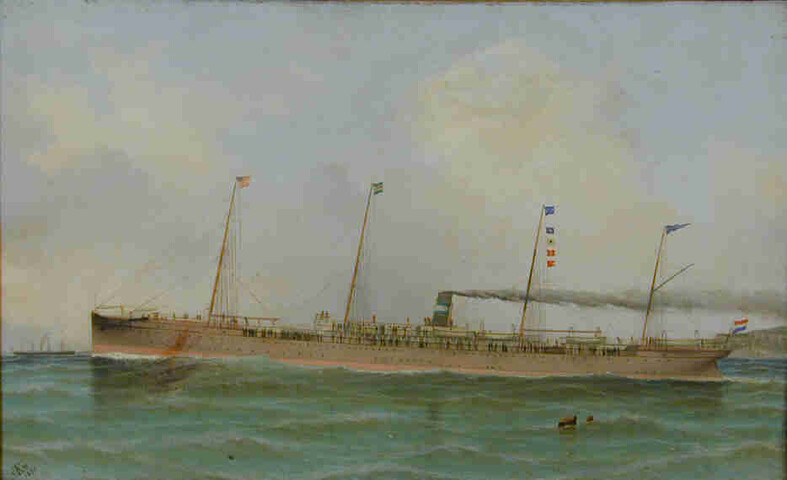 A.2147; Het ss. Spaarndam van de Nederlandsch-Amerikaansche Stoomvaart Maatschappij; schilderij