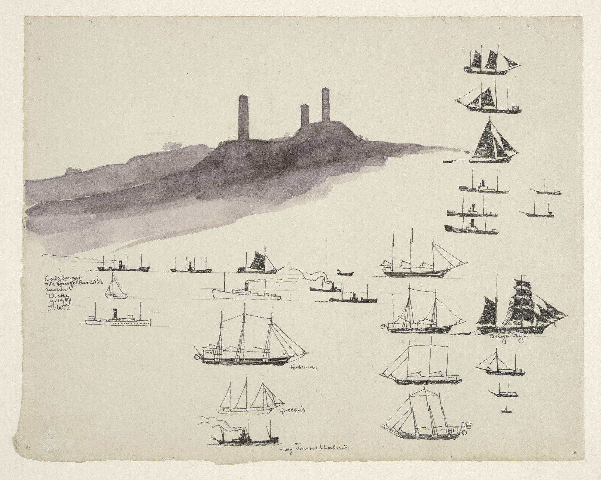 S.4364(06); 28 diverse scheepstypen en de berg Galgberget te Visby, Zweden; tekening