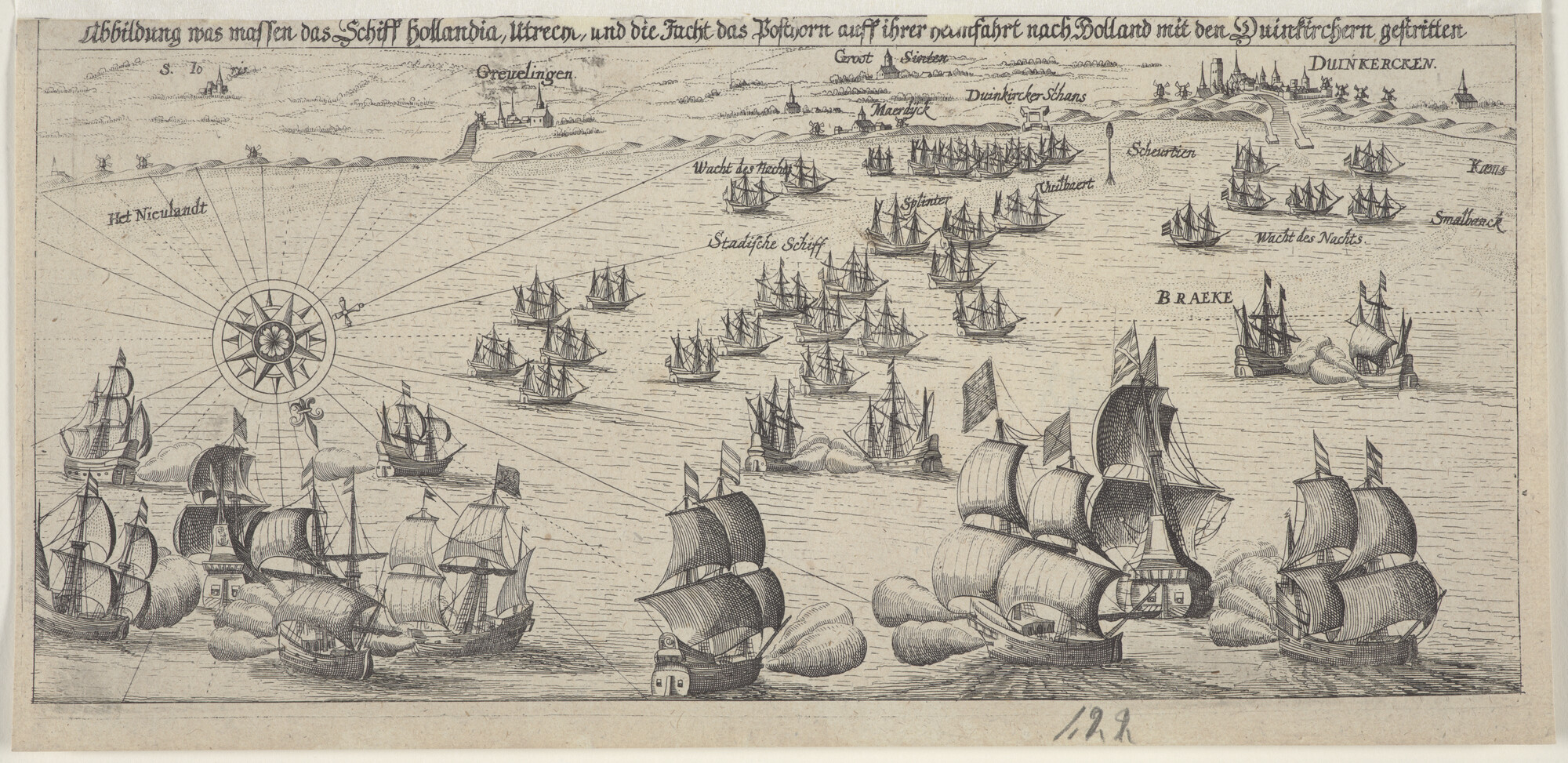 A.0145(027)395; Gevecht tussen enige afgedwaalde schepen van de vloot van Piet Hein en de Duinkerkers; prent