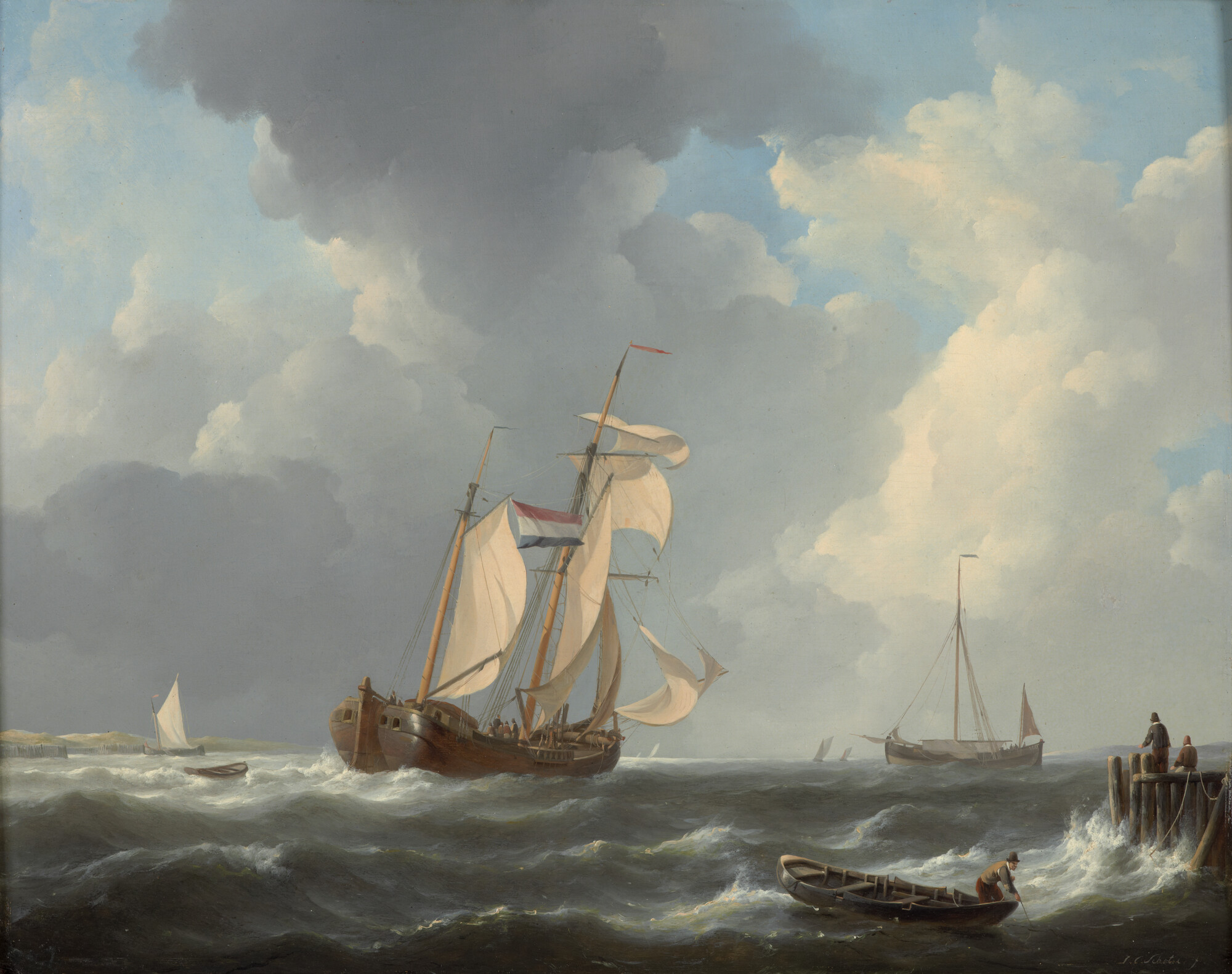 A.0147; Kofschip temidden van andere vaartuigen onder zeil nabij een kust; schilderij
