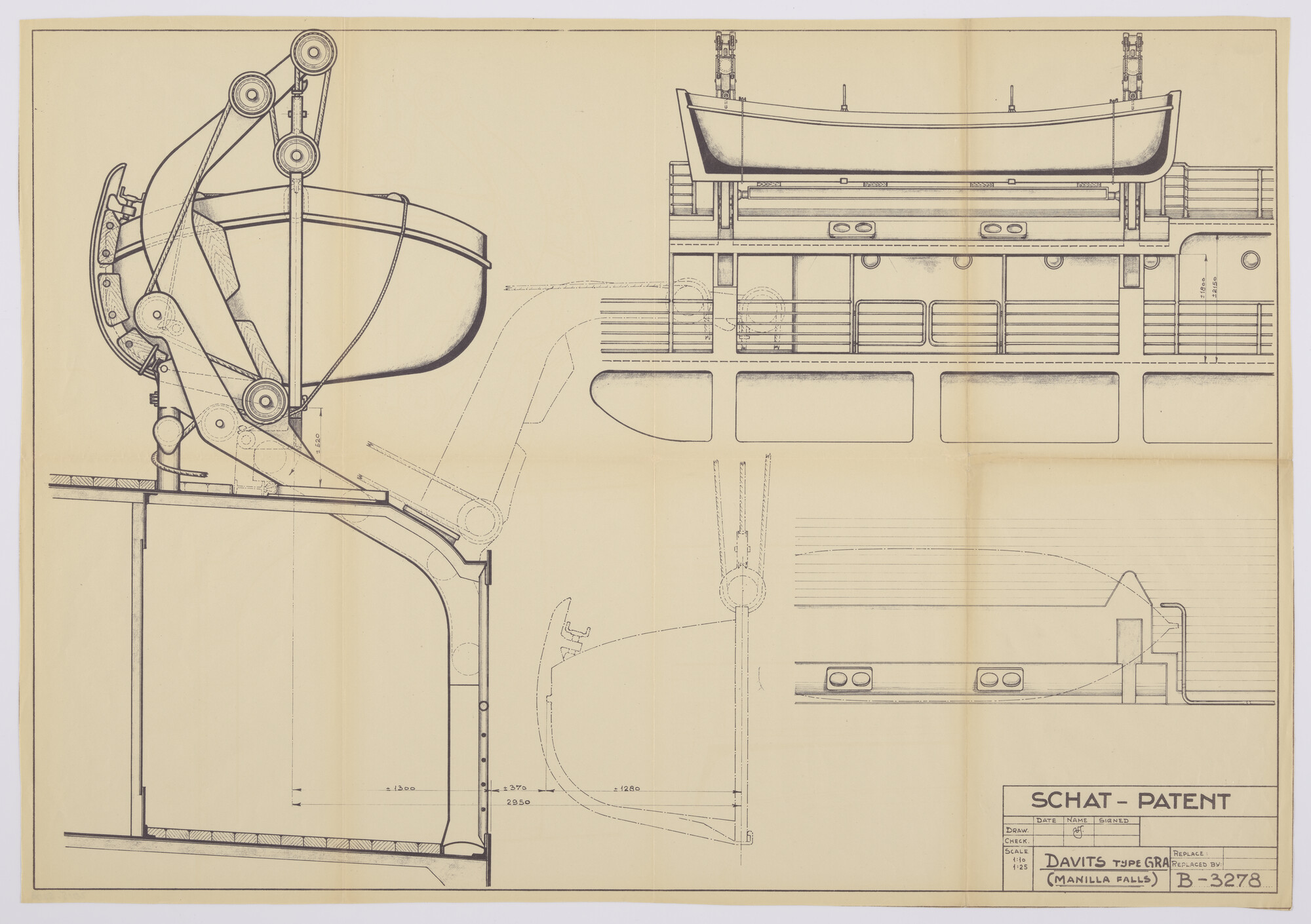 2015.5208; Gravity (zwaartekracht) Davits Schat-Patent met manilla lopend touwwerk; technische tekening