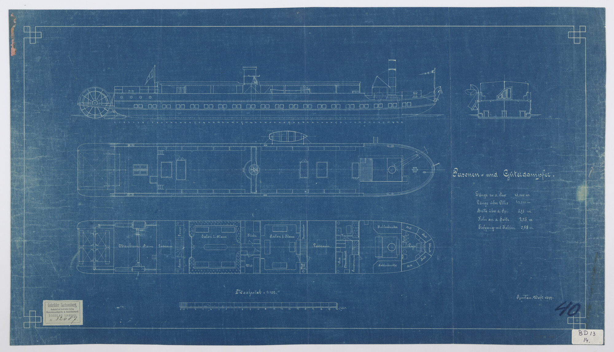 S.5181(496); Algemeen plan van een stoomhekwieler voor vracht- en passagiersvervoer; technische tekening