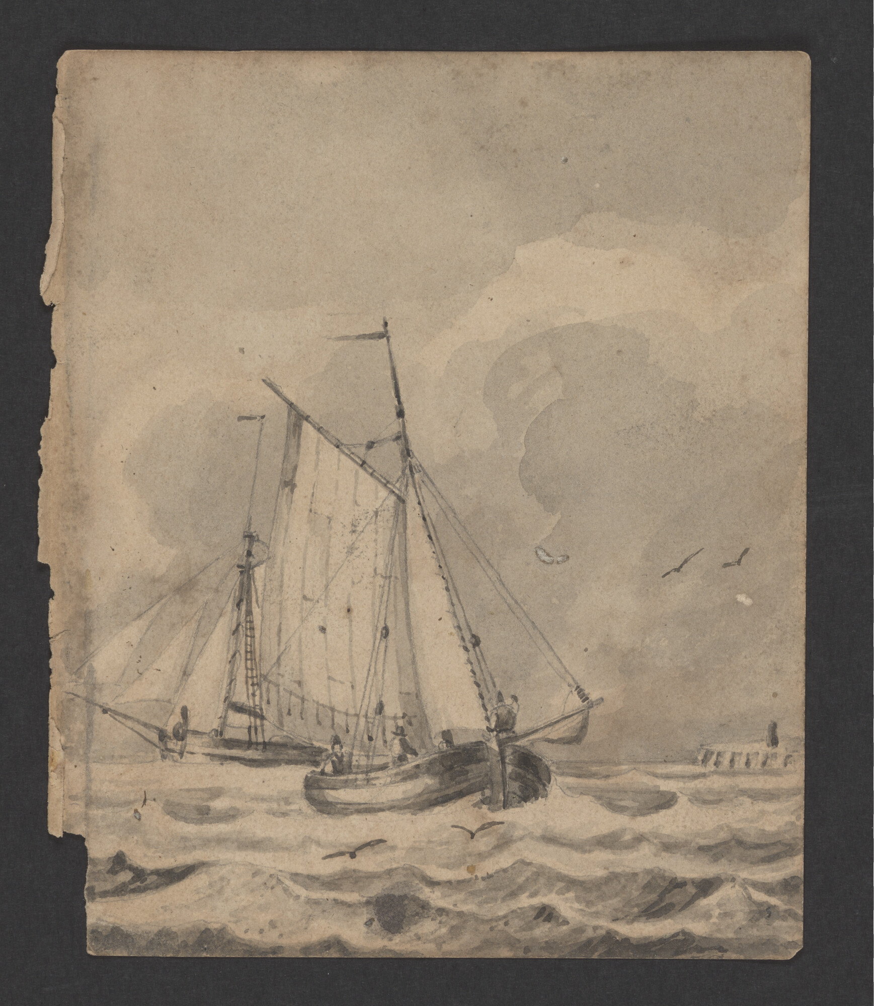 2023.0302; Tekening van twee platbodems bij een havenhoofd, verso een Zweeds-Pommerse "Freiwilliger Jäger zu Pferde" 1813; tekening