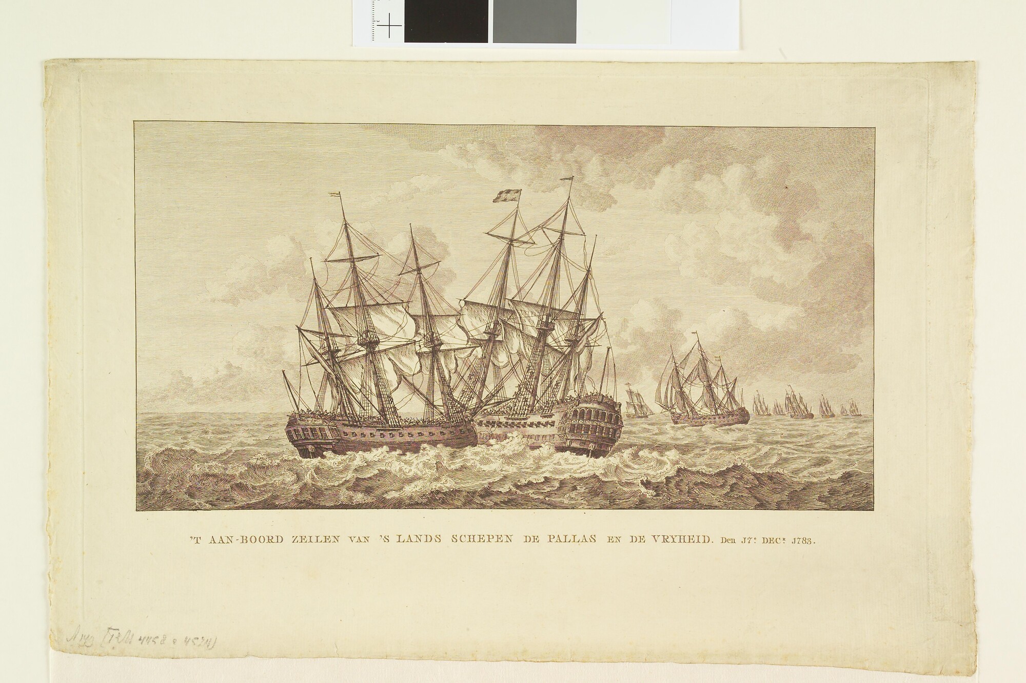 A.0149(0678); Aanvaring van de  'Pallas' en de 'Vrijheid', 1783; prent