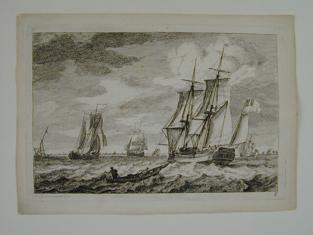 A.0149(0150); Een brikschip onder de vlag van de Franse marine de Maas afvarend; prent