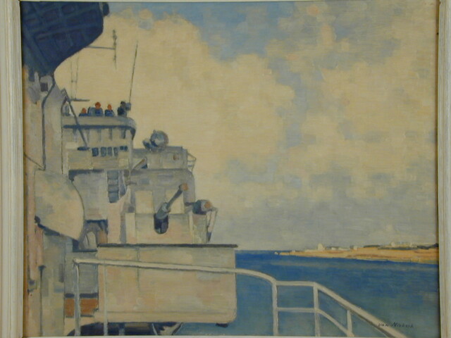 A.5619; Een bordes op het seindek van kruiser Hr.Ms. De Ruyter; schilderij