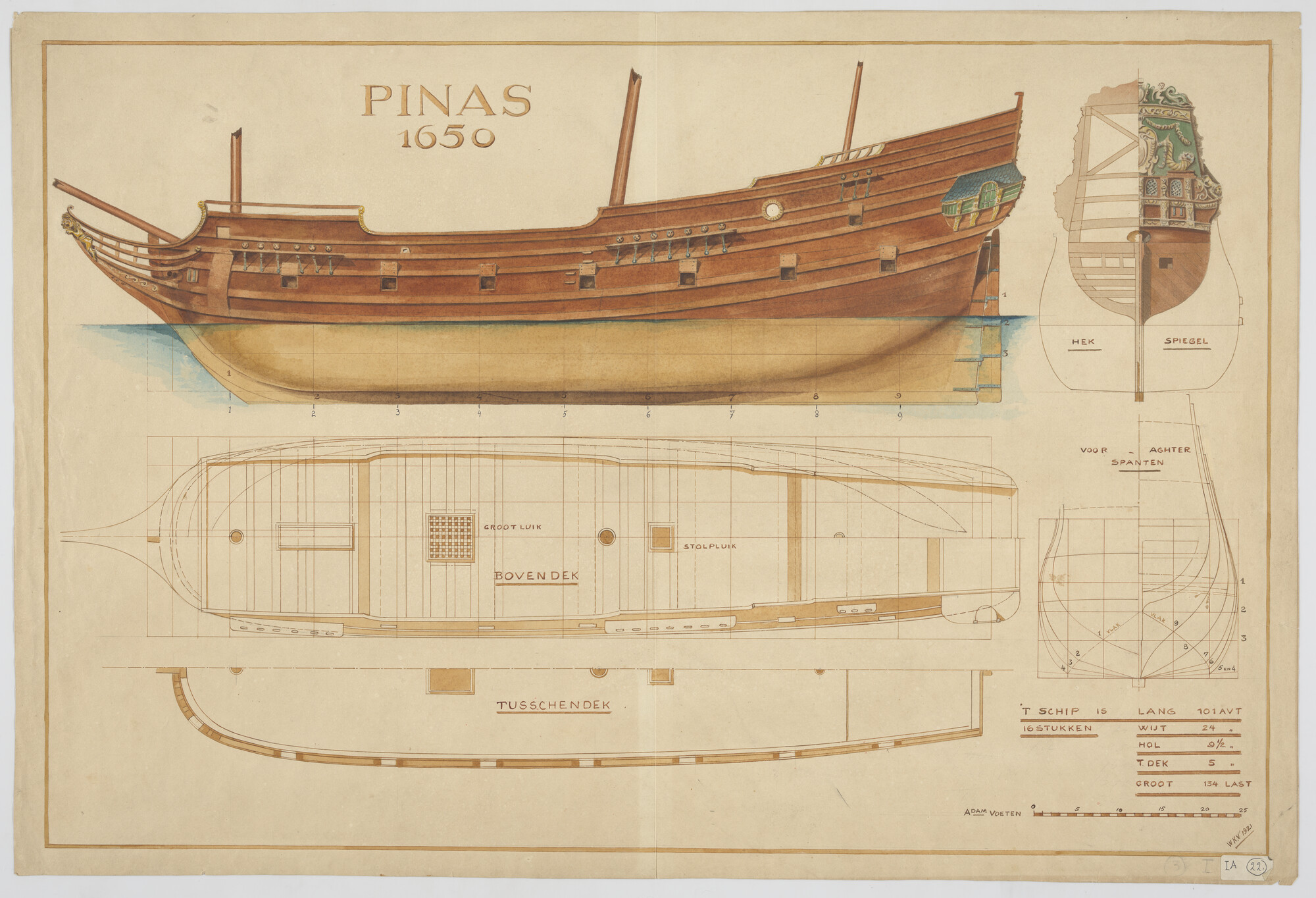 A.5335(07); Reconstructie tekening van een pinasschip uit omstreeks 1650: zijaanzicht, AZ, bovenaanzicht, spantenraam en tussendek van een pinas (16 stukken); technische tekening