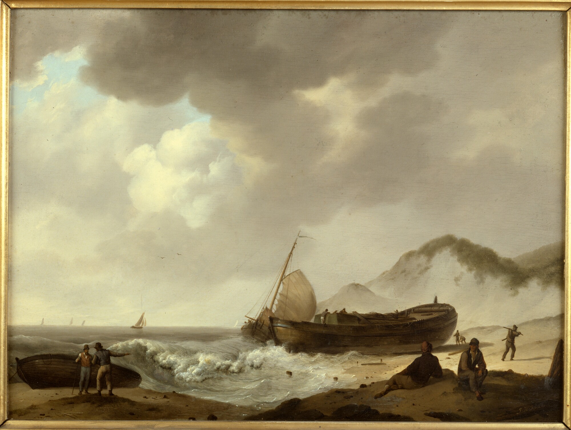 A.1912(02); Gestrande en afgetuigde romp van een kofschip; schilderij