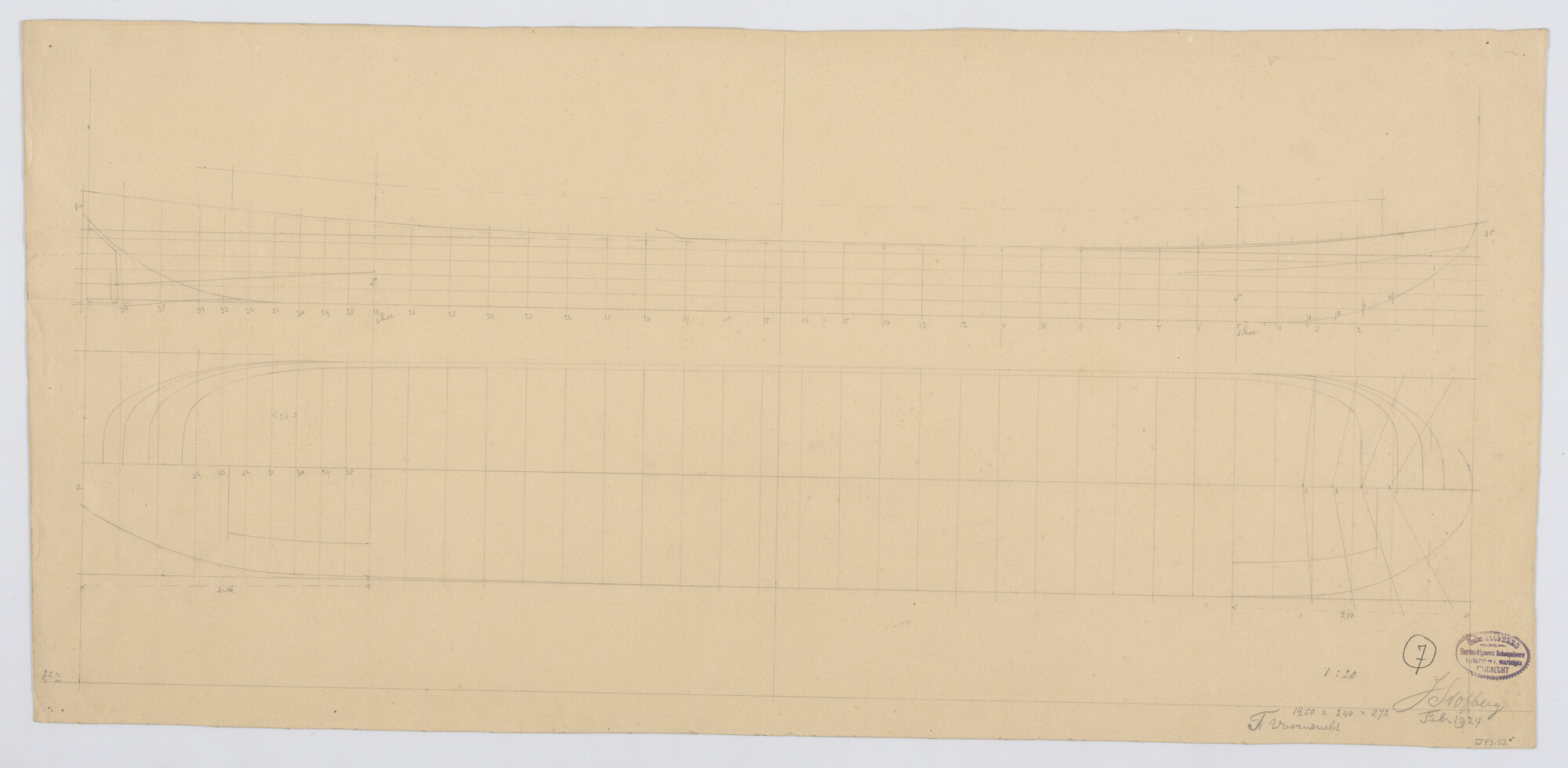 S.1225(03)09; Lijnenplan van een motorvlet of motorkagenaar, febr; technische tekening