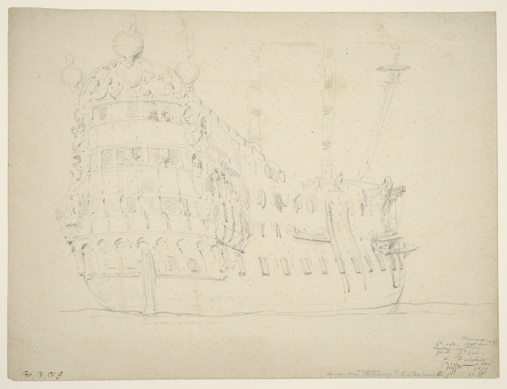 A.3593(06); Het Engelse oorlogsschip Duchess; tekening