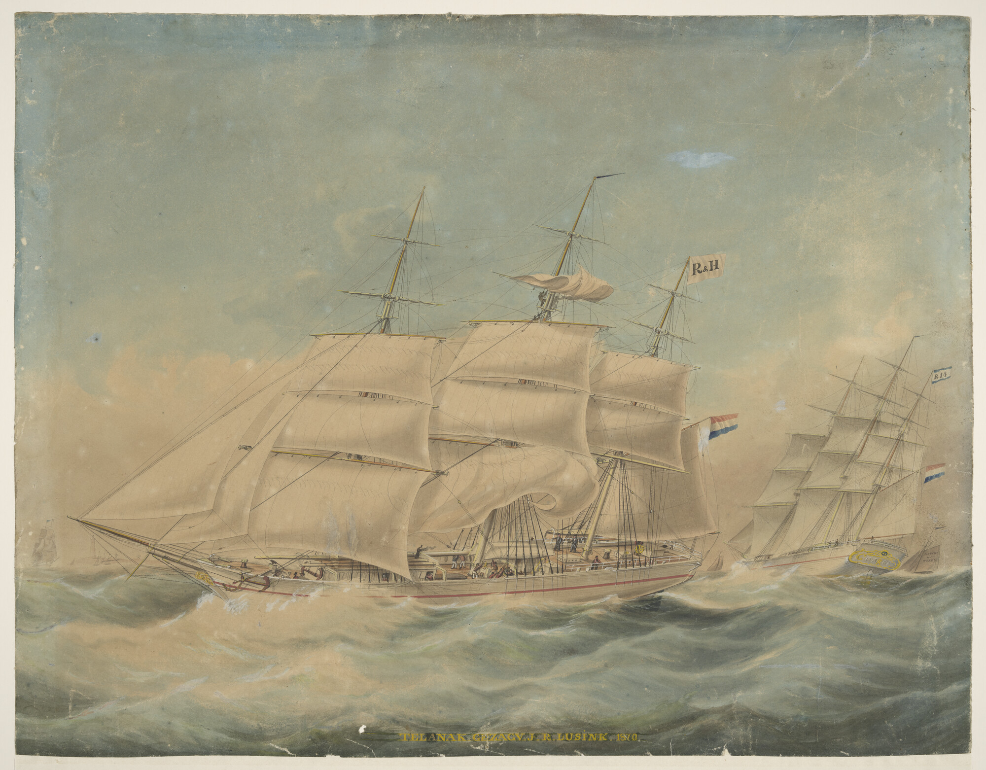 A.0400(02); Het fregatschip Telanak het Marsdiep inzeilend; tekening