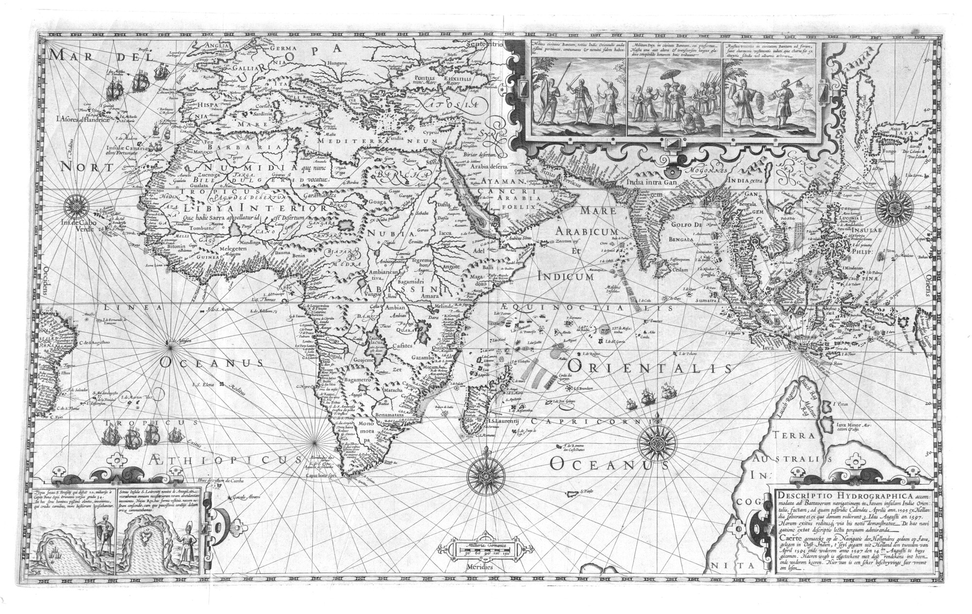 S.3258(02); Kaart waarop de route van de Eerste Schipvaart, 1595-1597, te zien is; zeekaart