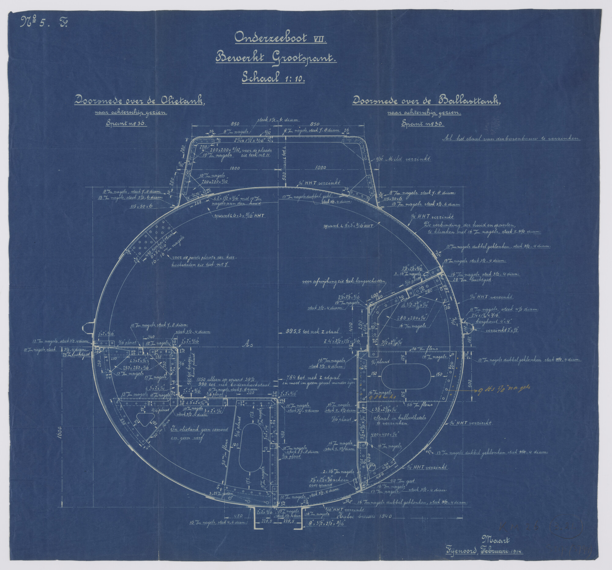 S.2175(3794); Bewerkt grootspant aan boord van de onderzeeboot Hr.Ms. 'O 7'.; technische tekening