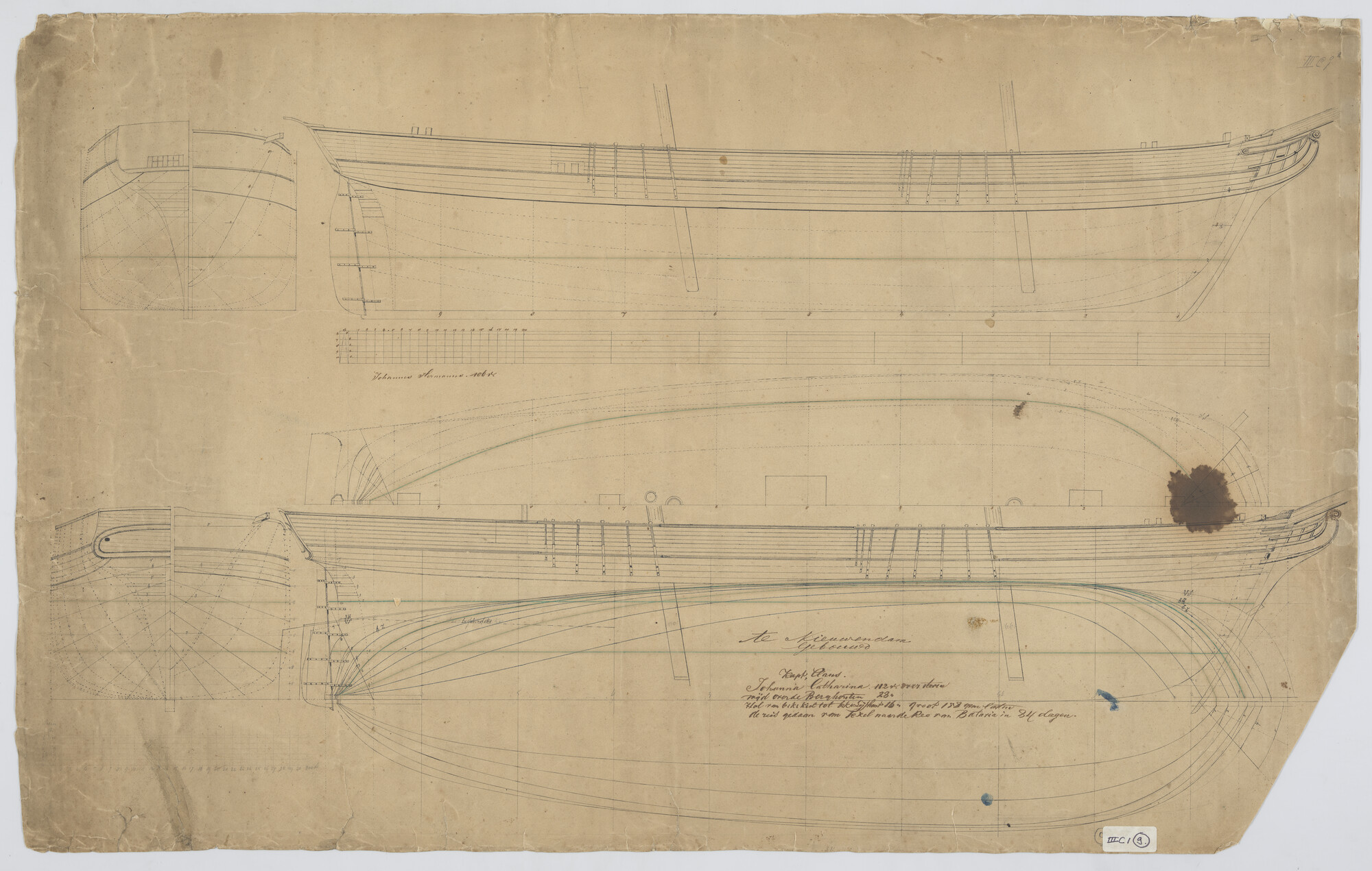 S.1156(05)0156; Lijnenplan van de schoenerbrik 'Johanna Catharina' en 'Johannes Hermanus'; technische tekening