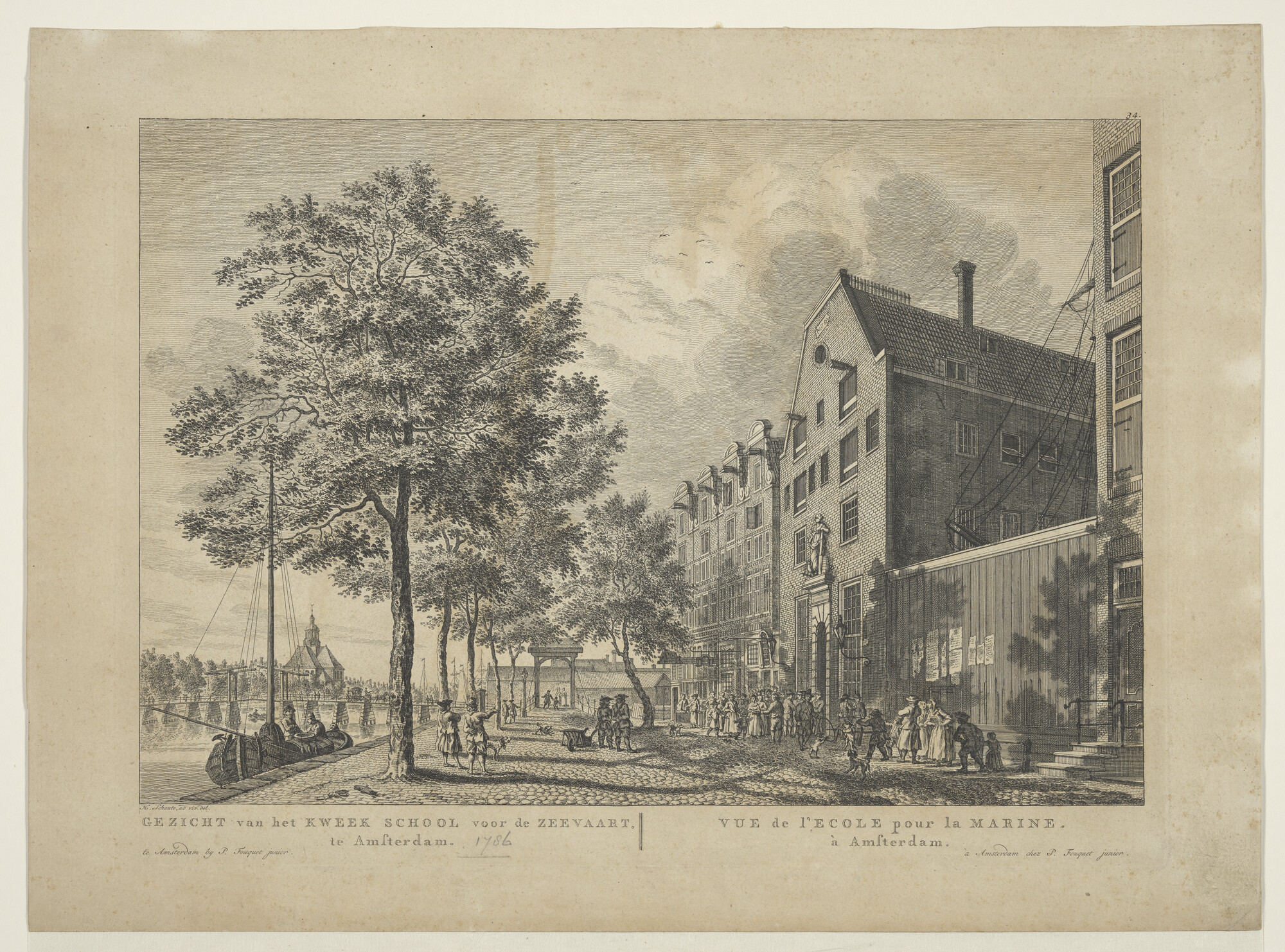 S.1307; Gezicht op de Kweekschool voor de Zeevaart aan de Buitenkant te Amsterdam; prent