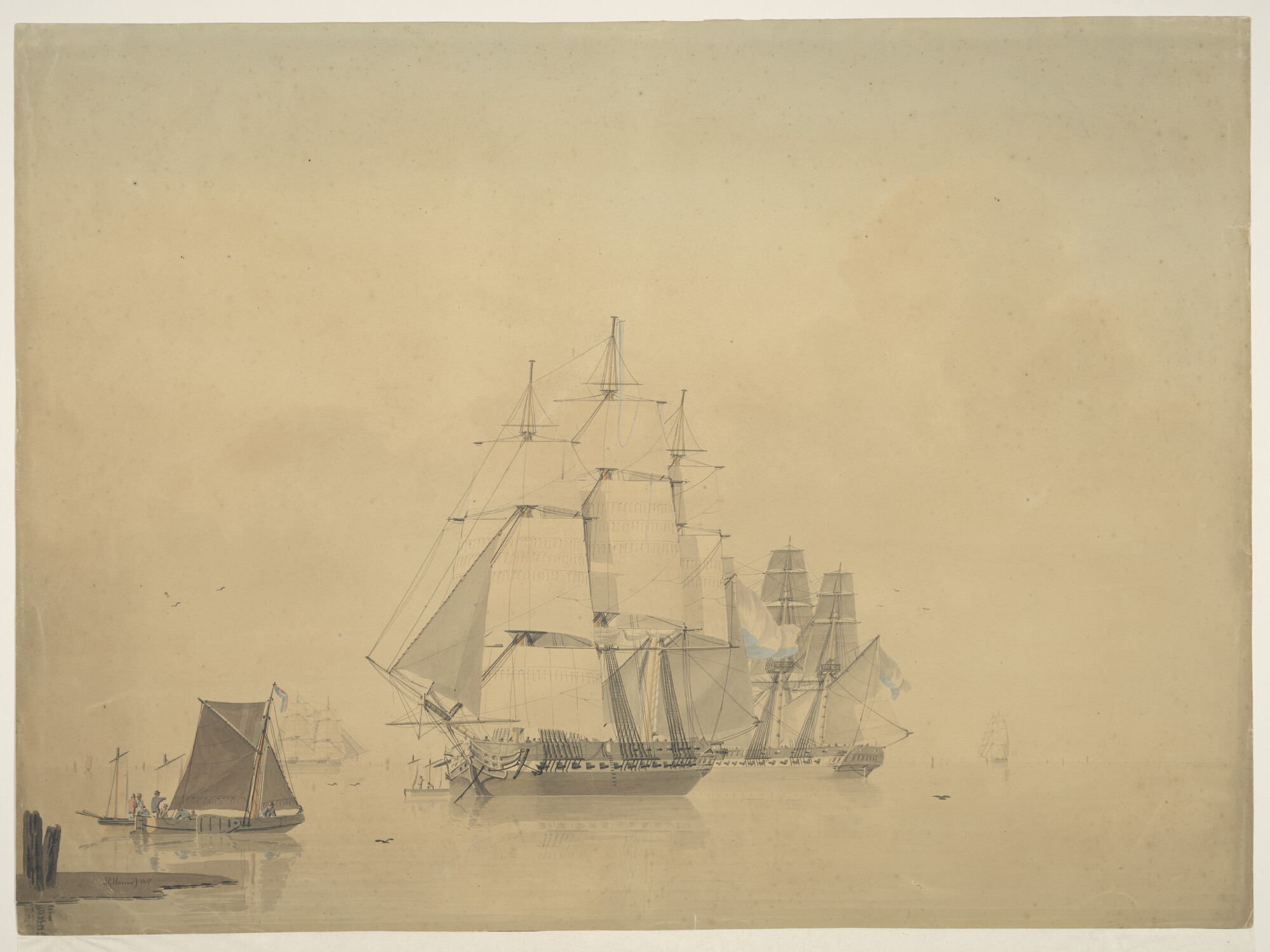 A.2255(01); Twee Nederlandse oorlogsschepen voor anker liggend; tekening